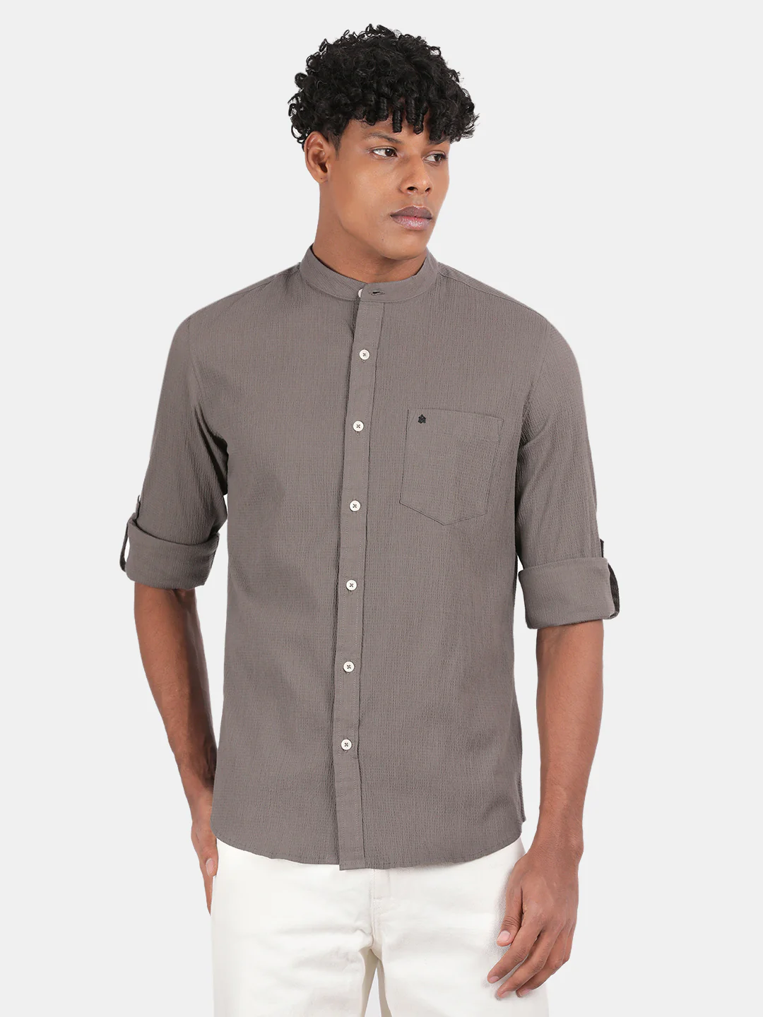 Men Grey Slim Fit Mandarin Collar Full Sleeve Casual Shirt - Image 2