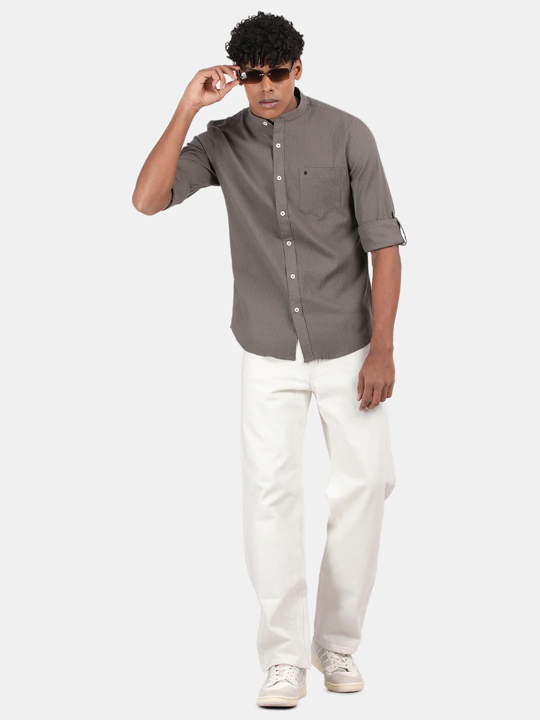 Men Grey Slim Fit Mandarin Collar Full Sleeve Casual Shirt - Image 3