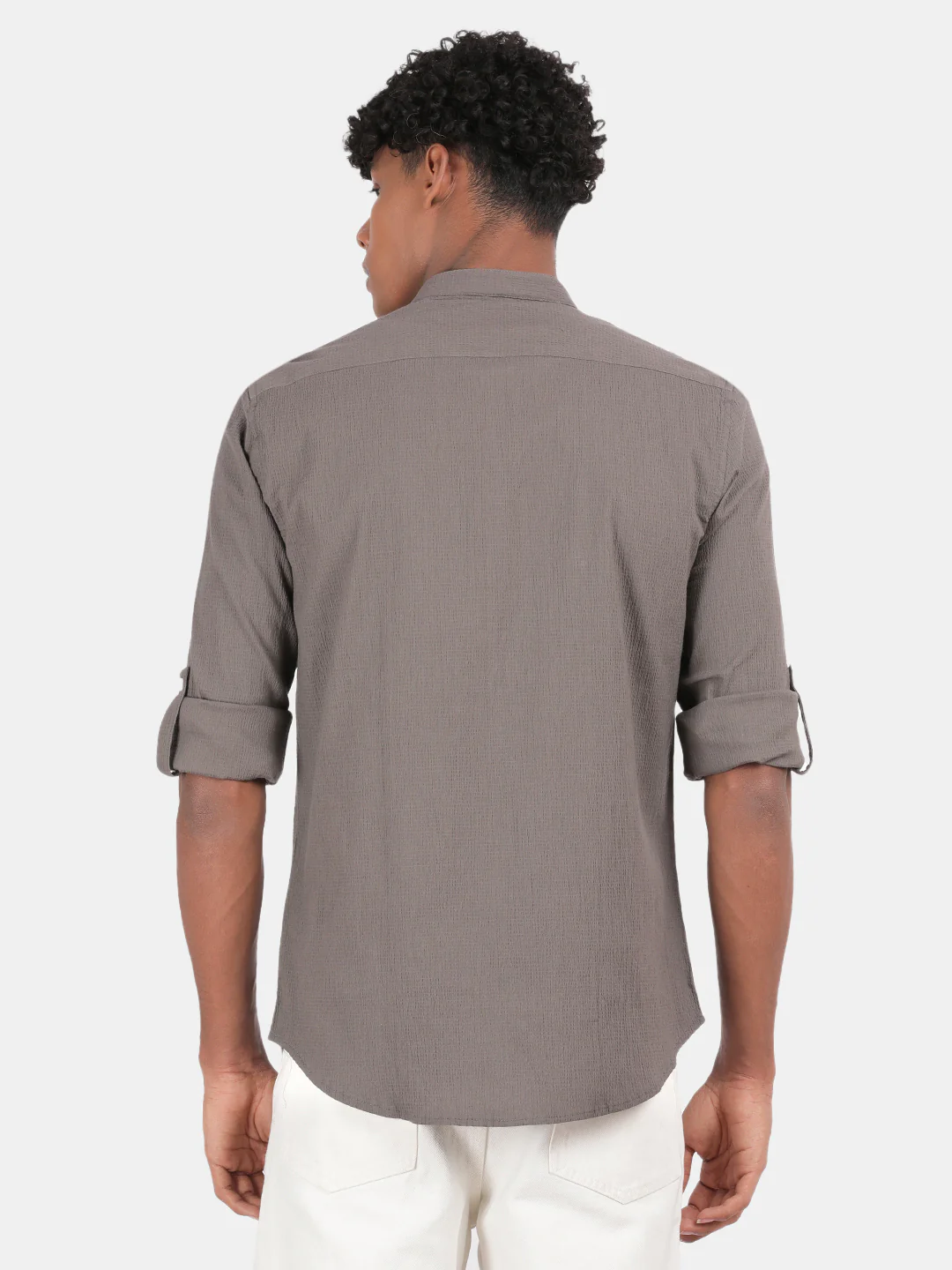 Men Grey Slim Fit Mandarin Collar Full Sleeve Casual Shirt - Image 4