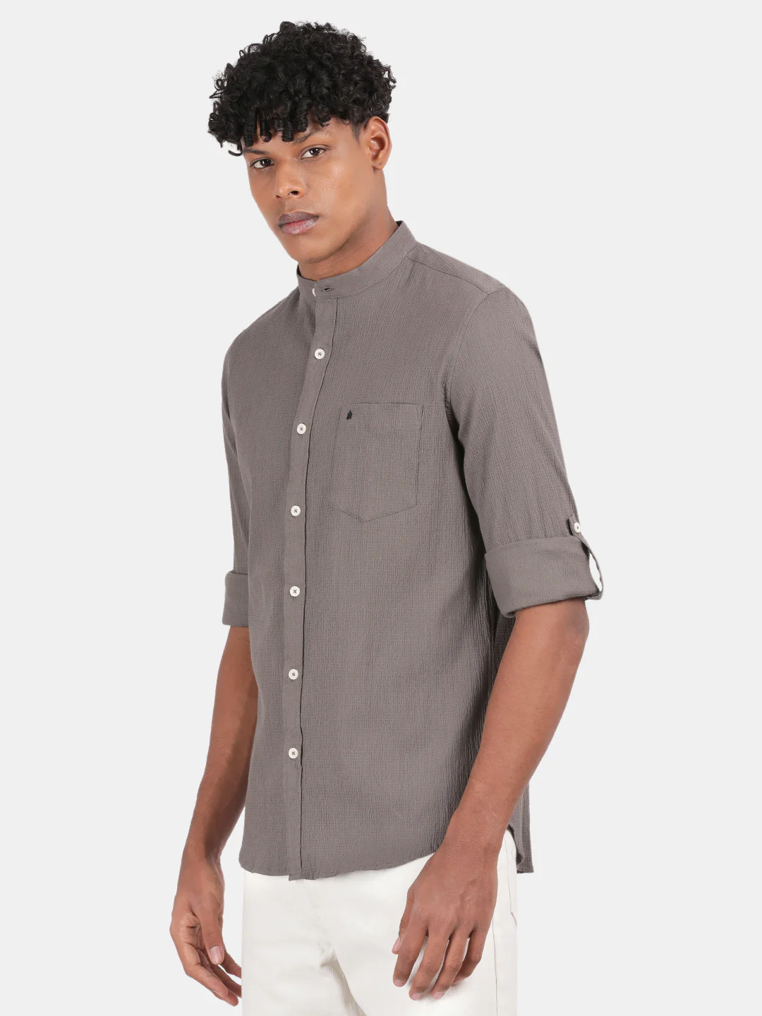 Men Grey Slim Fit Mandarin Collar Full Sleeve Casual Shirt - Image 5