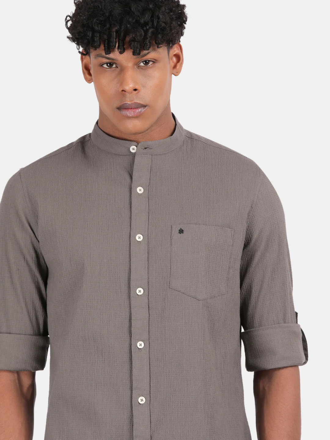Men Grey Slim Fit Mandarin Collar Full Sleeve Casual Shirt - Image 6
