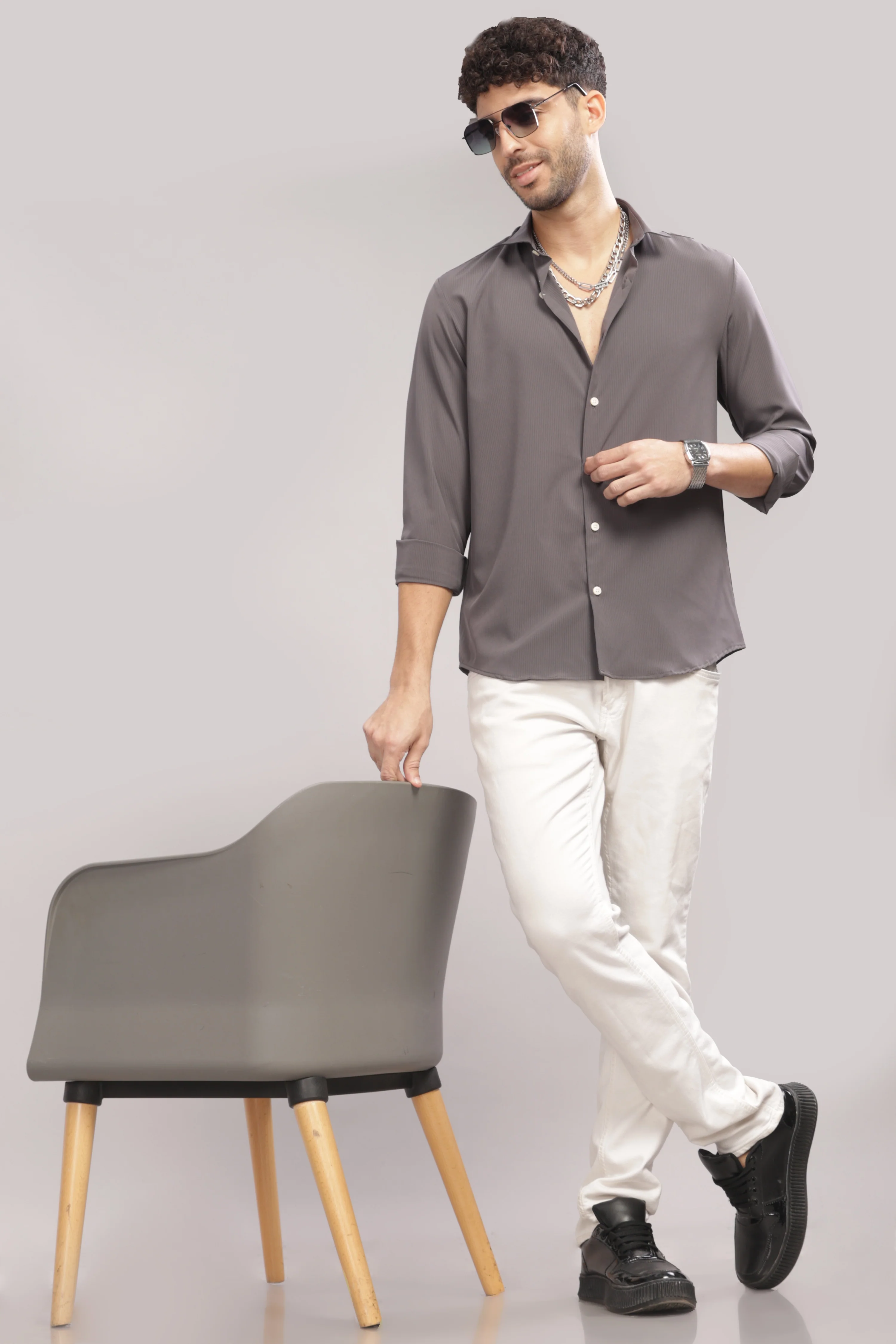Men Grey Slim Fit Shirt - Image 3