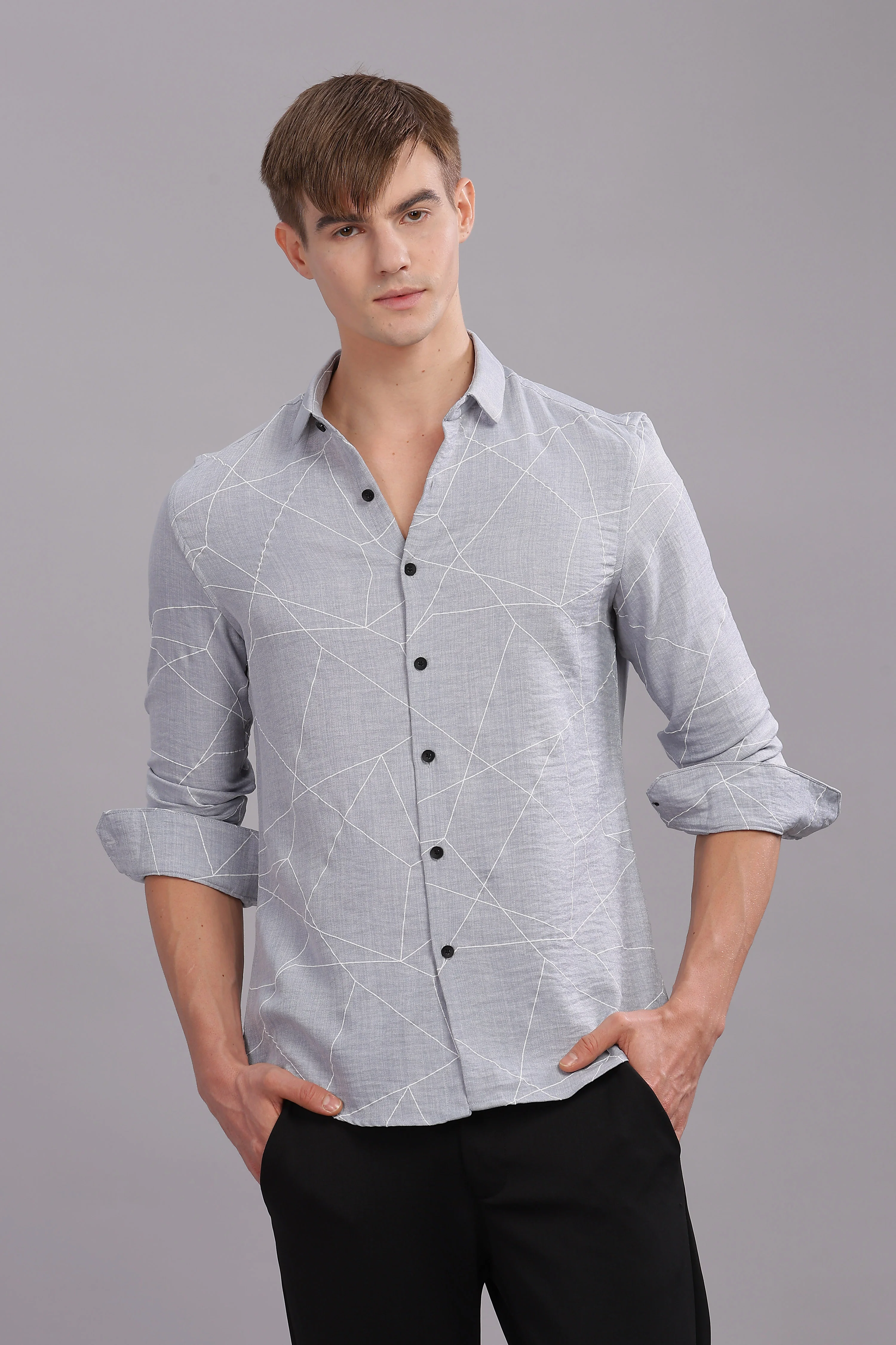 Men Grey Slim Fit Shirt - Image 2