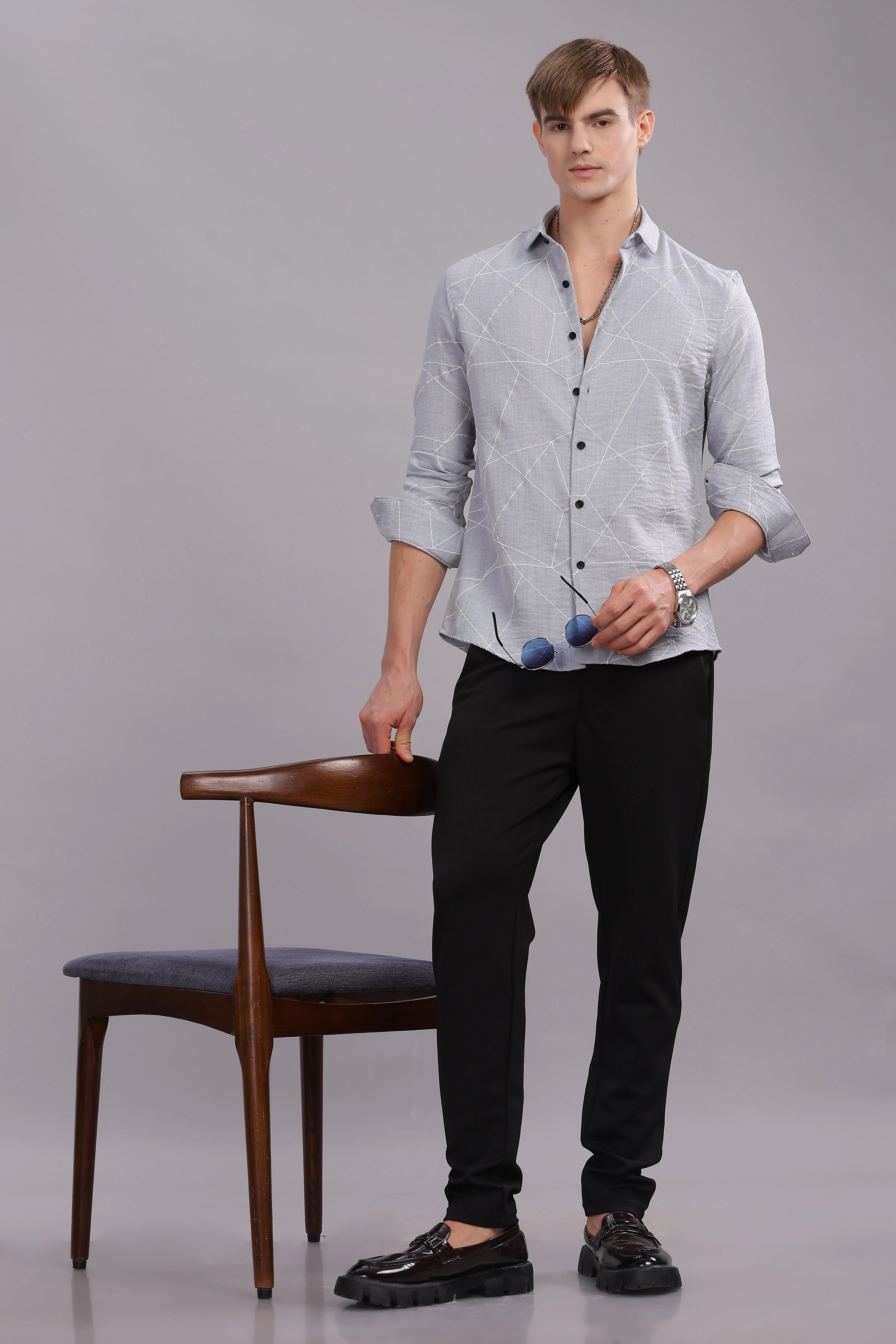 Men Grey Slim Fit Shirt - Image 3