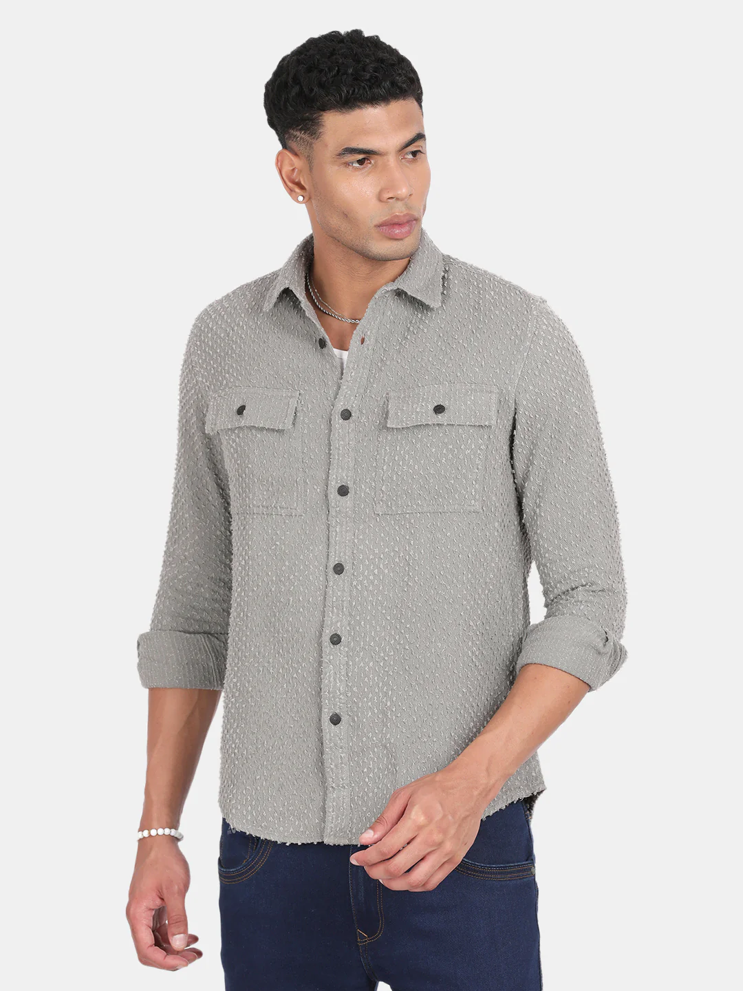Men Grey Slim Fit Spread Collar Full Sleeve Casual Shirt - Image 2