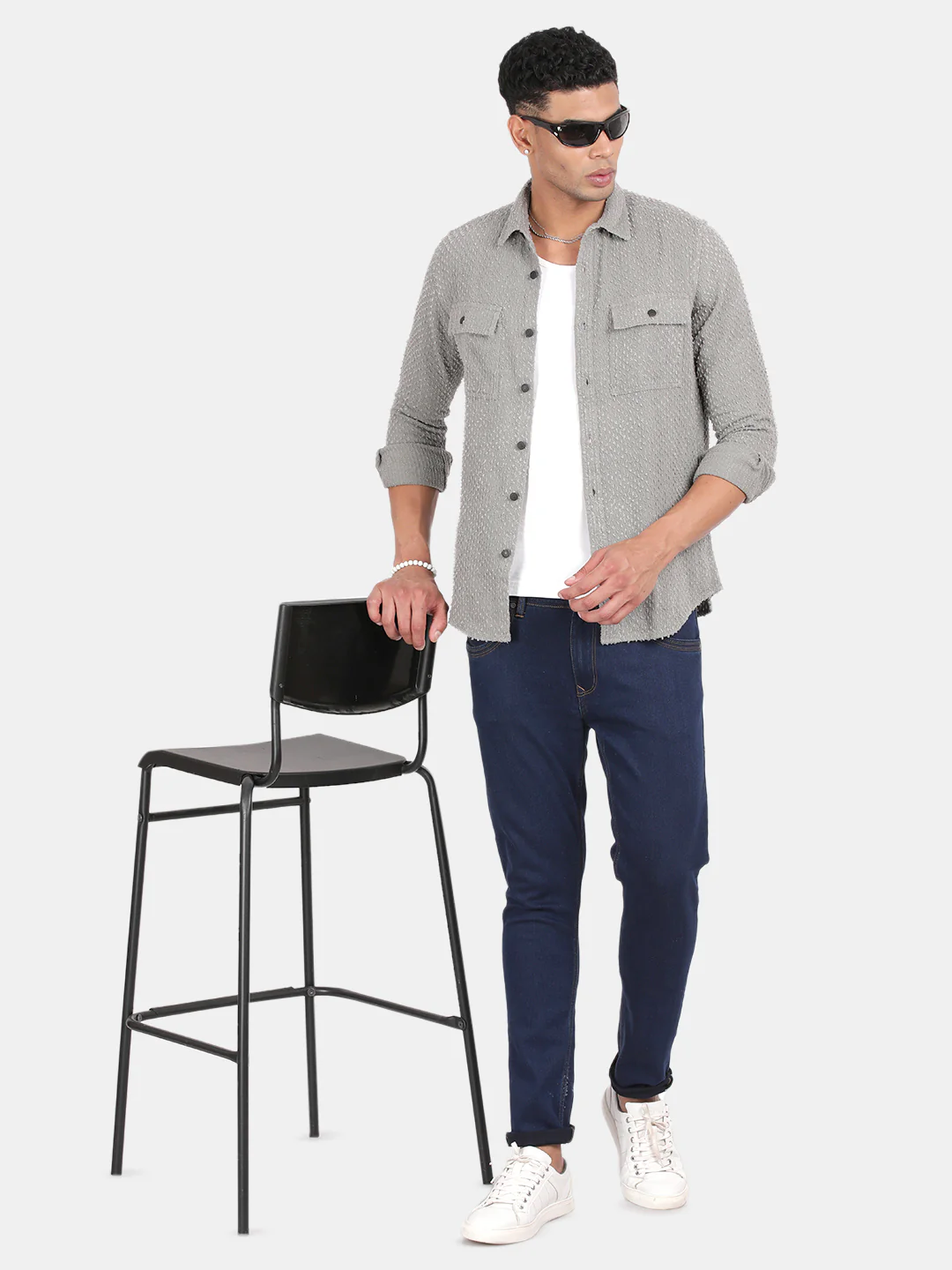 Men Grey Slim Fit Spread Collar Full Sleeve Casual Shirt - Image 3