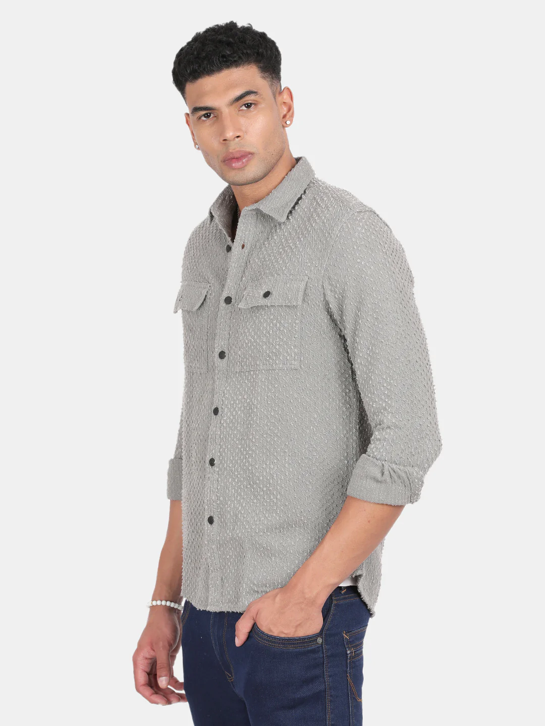 Men Grey Slim Fit Spread Collar Full Sleeve Casual Shirt - Image 5