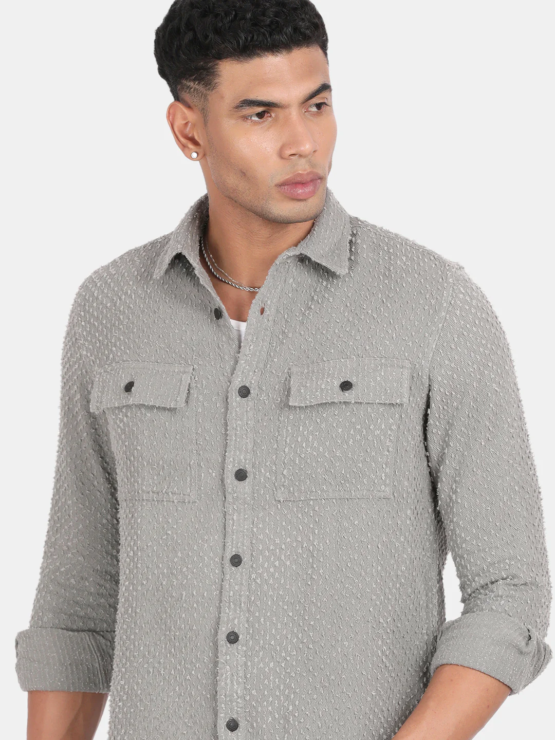 Men Grey Slim Fit Spread Collar Full Sleeve Casual Shirt - Image 6