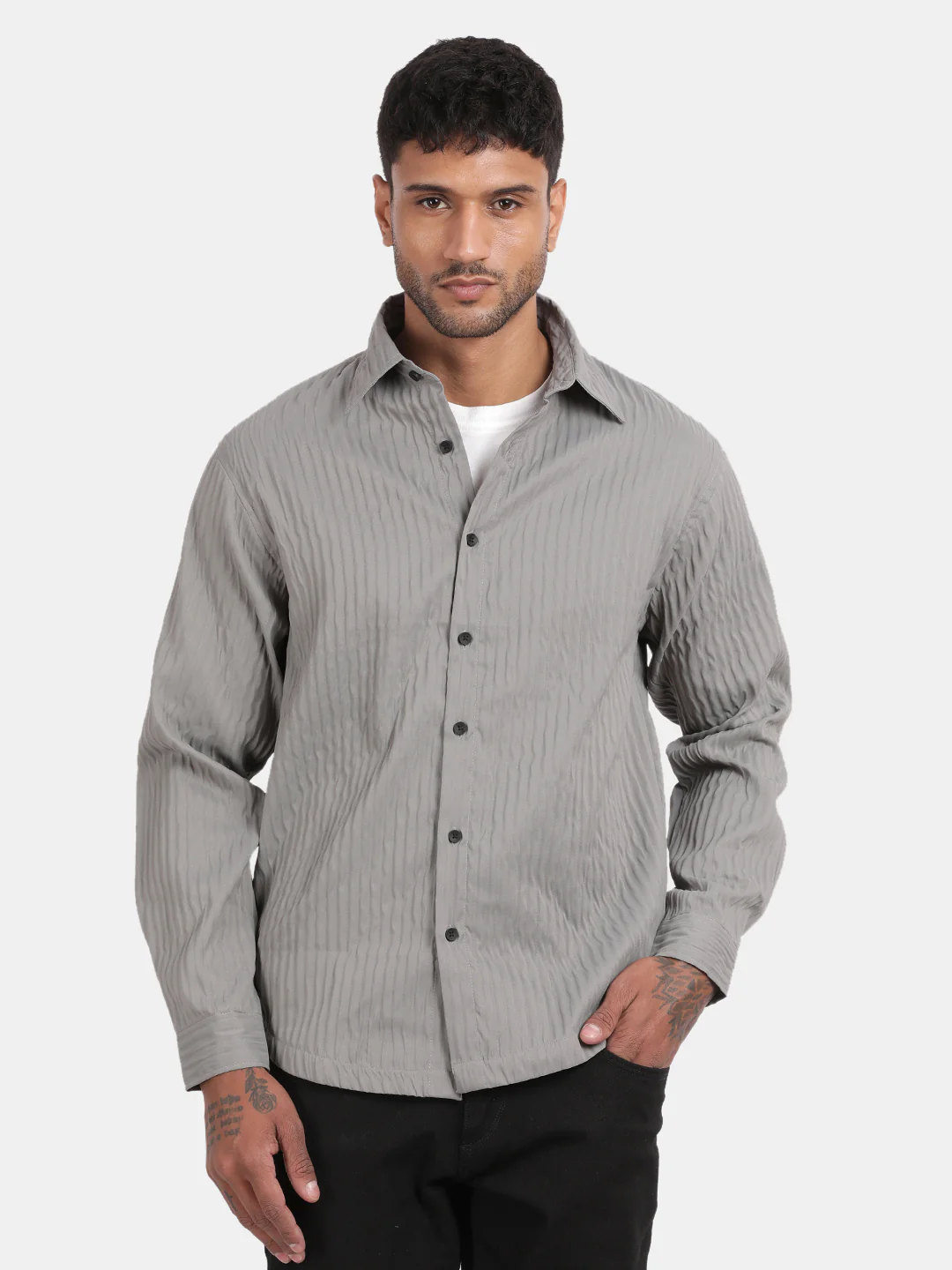 Men Grey Slim Fit Spread Collar Full Sleeve Casual Shirt - Image 2
