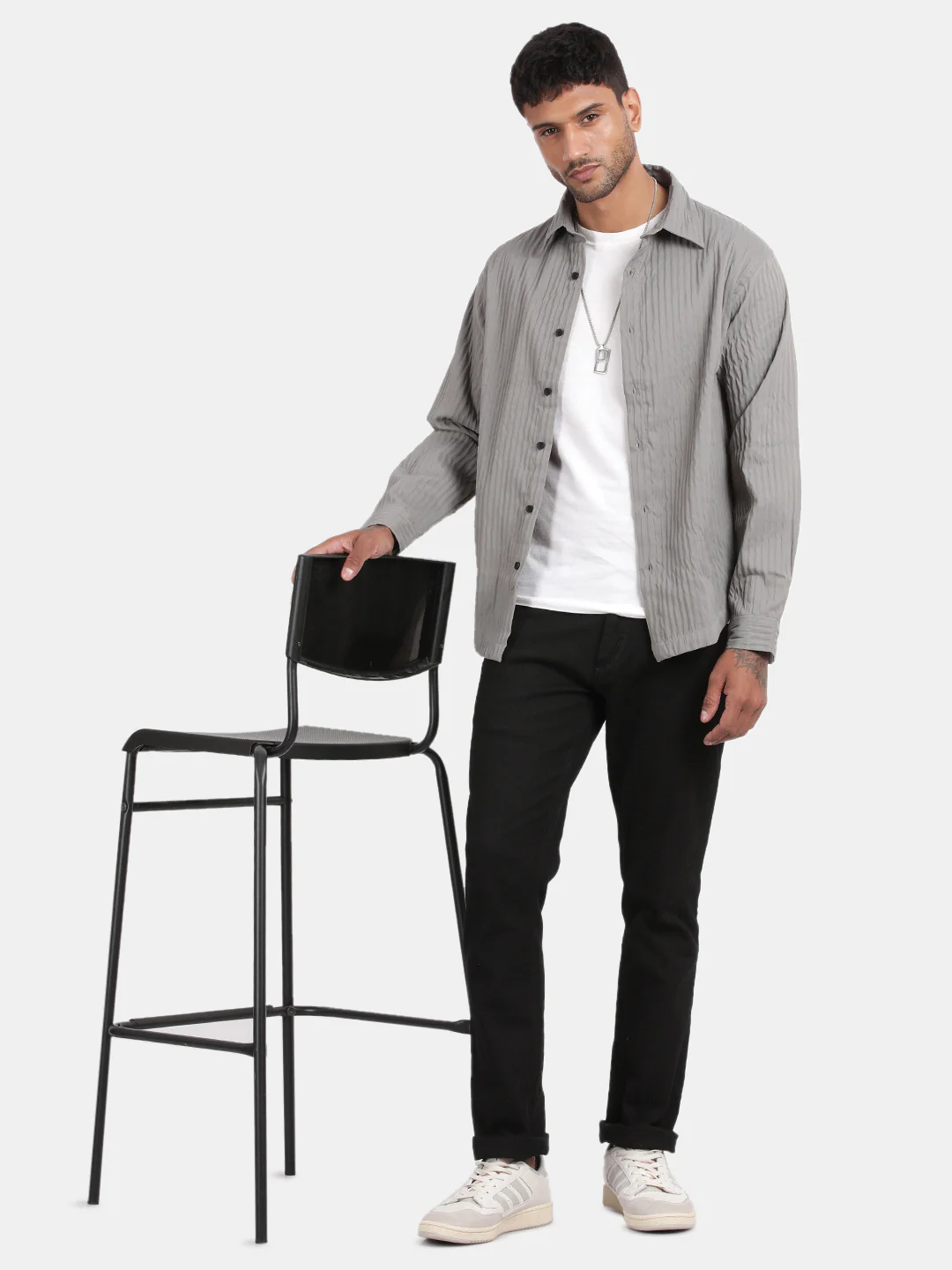 Men Grey Slim Fit Spread Collar Full Sleeve Casual Shirt - Image 3