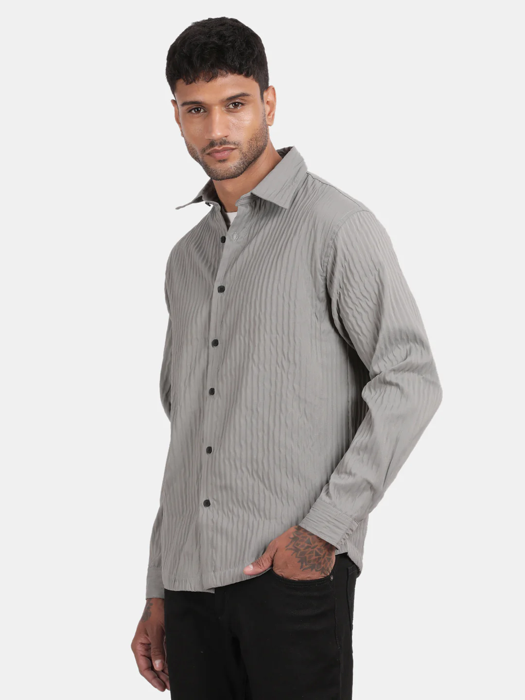 Men Grey Slim Fit Spread Collar Full Sleeve Casual Shirt - Image 5