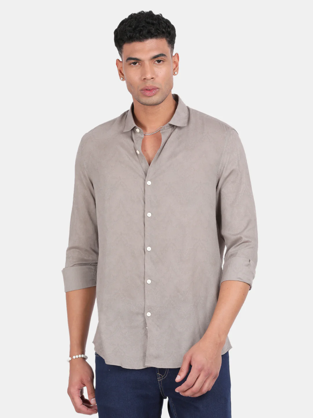 Men Grey Slim Fit Spread Collar Full Sleeve Casual Shirt - Image 2