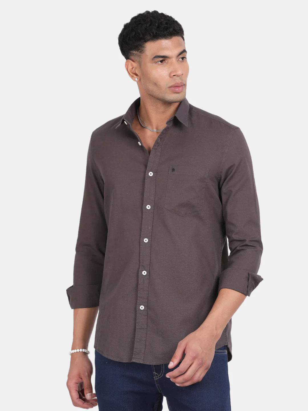 Men Grey Slim Fit Spread Collar Full Sleeve Casual Shirt - Image 2
