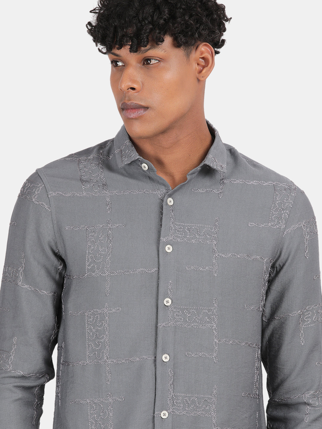 Men Grey Slim Fit Spread Collar Full Sleeve Casual Shirt - Image 2