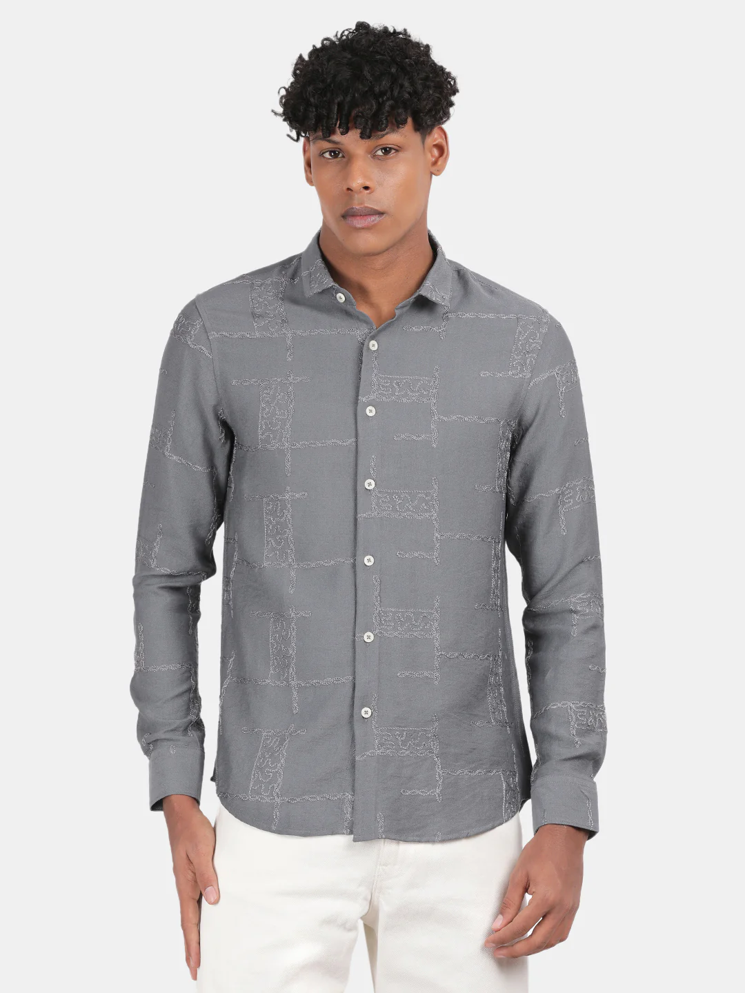 Men Grey Slim Fit Spread Collar Full Sleeve Casual Shirt - Image 4