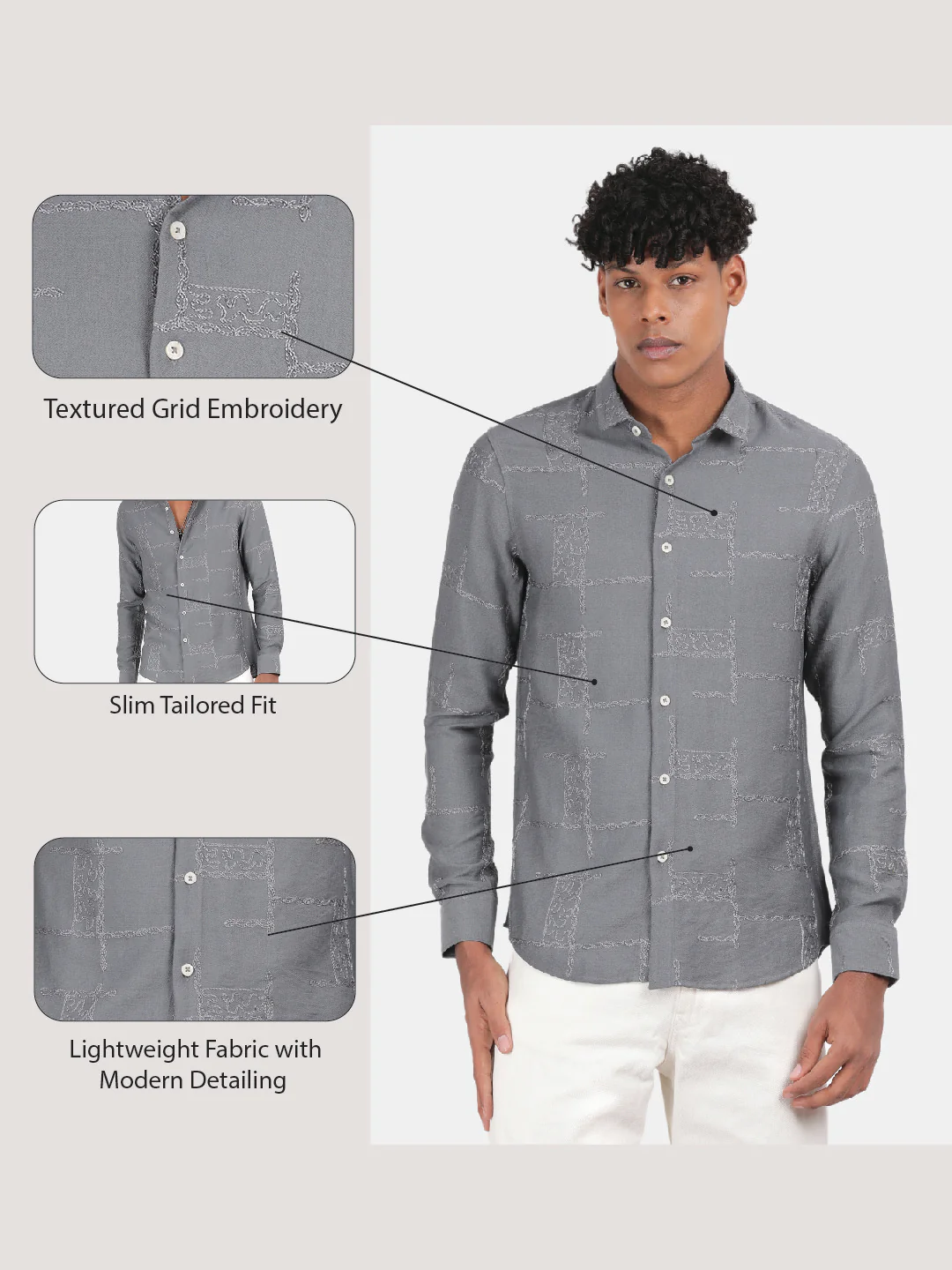 Men Grey Slim Fit Spread Collar Full Sleeve Casual Shirt - Image 6