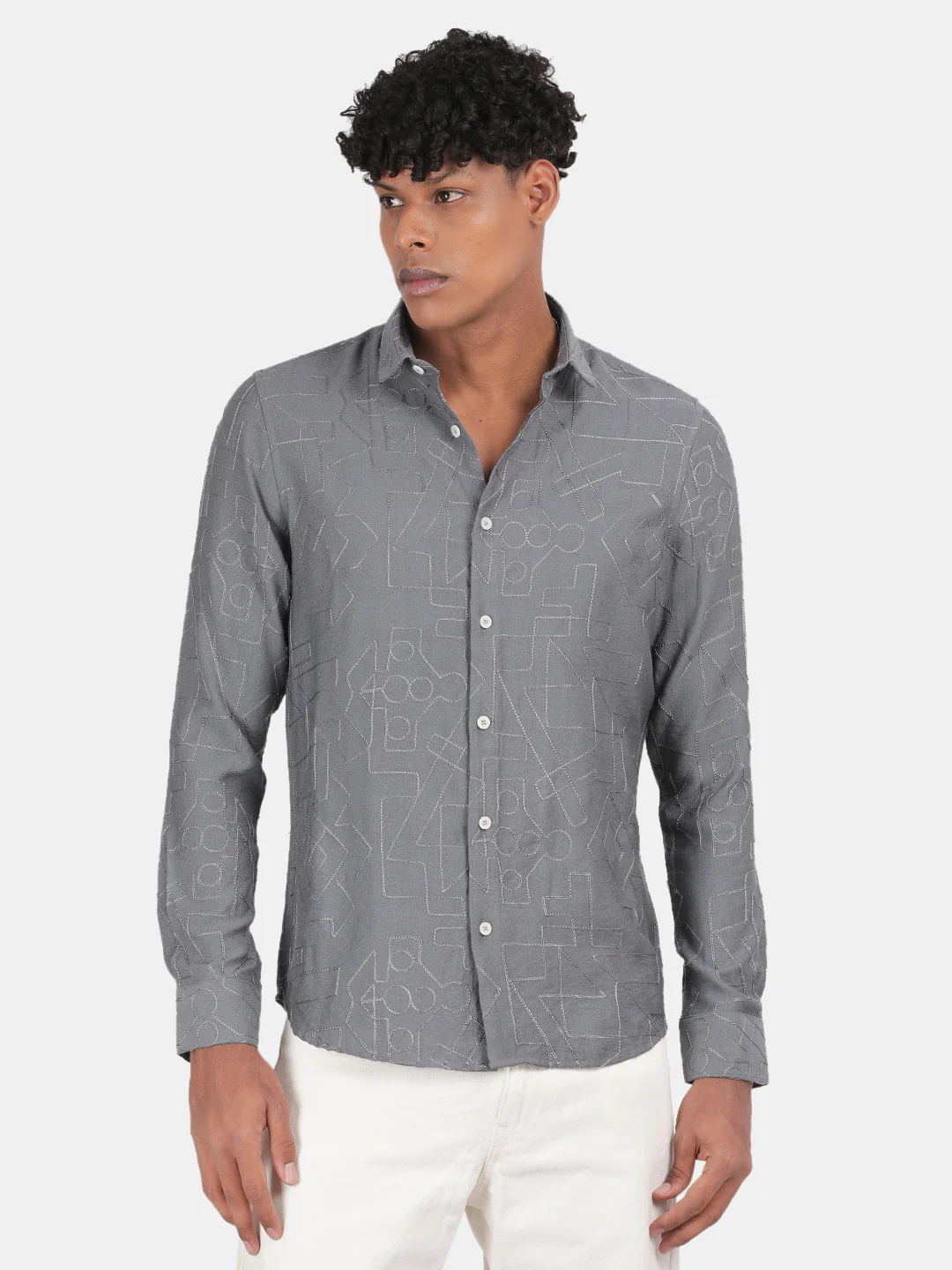 Men Grey Slim Fit Spread Collar Full Sleeve Casual Shirt - Image 2