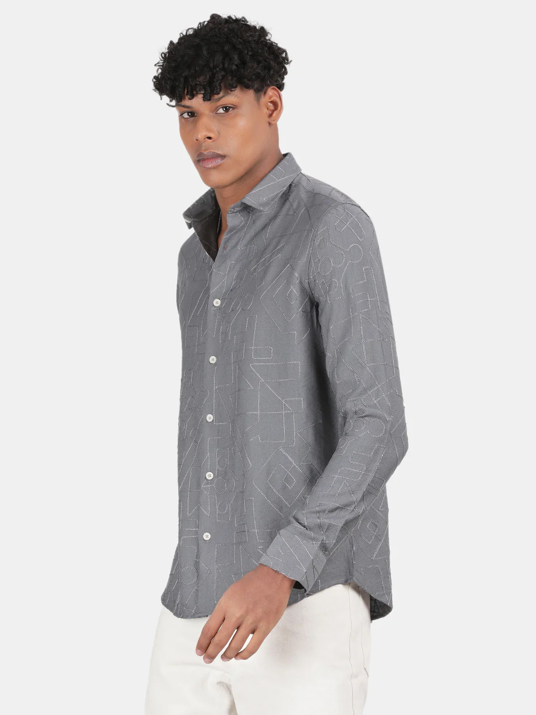 Men Grey Slim Fit Spread Collar Full Sleeve Casual Shirt - Image 5