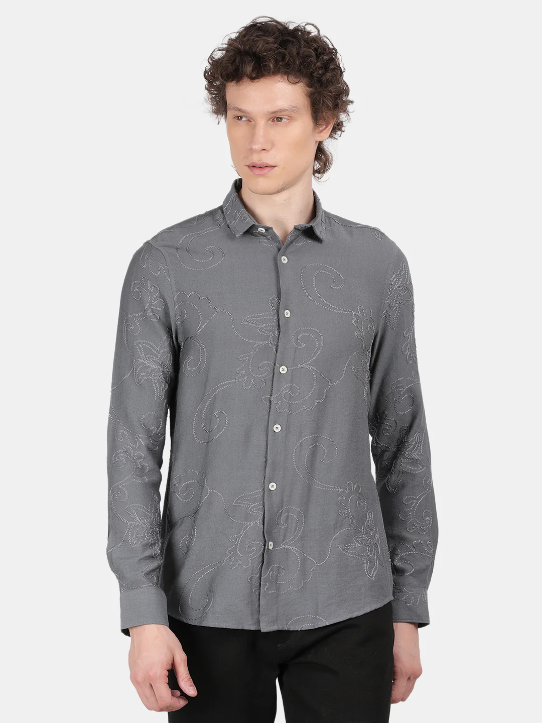 Men Grey Slim Fit Spread Collar Full Sleeve Casual Shirt - Image 2