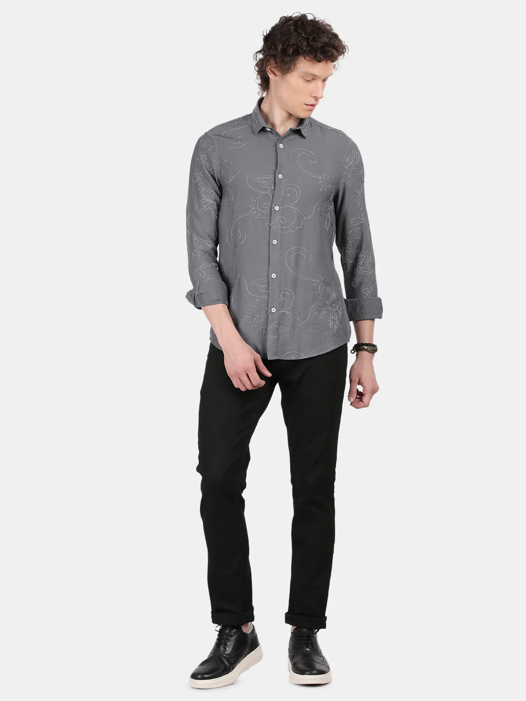 Men Grey Slim Fit Spread Collar Full Sleeve Casual Shirt - Image 3