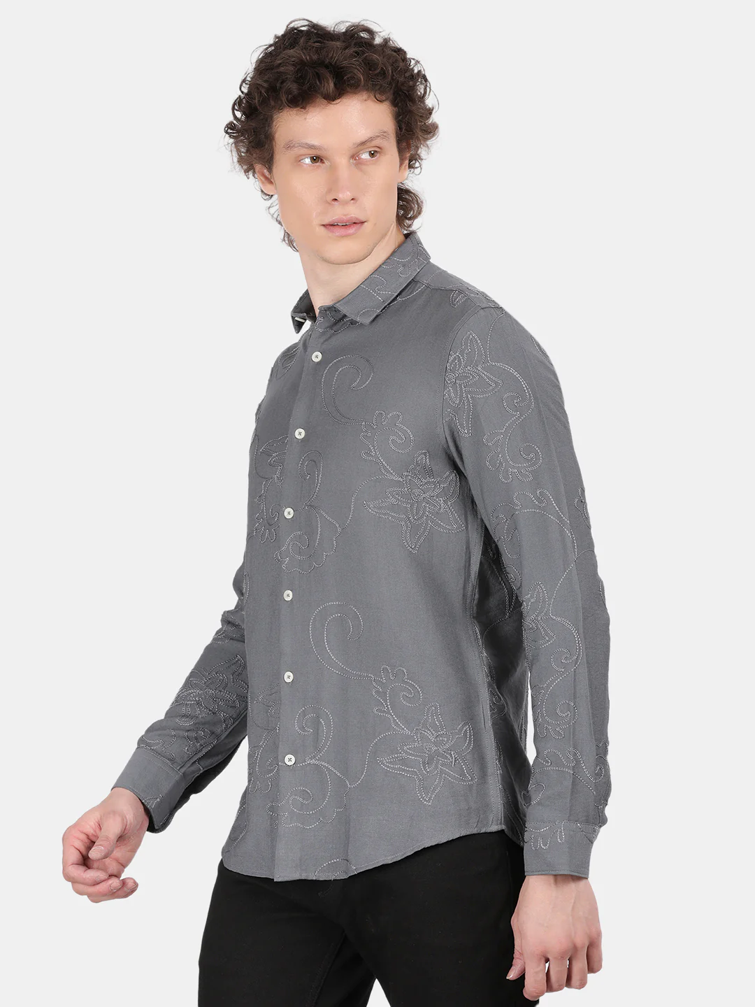 Men Grey Slim Fit Spread Collar Full Sleeve Casual Shirt - Image 5