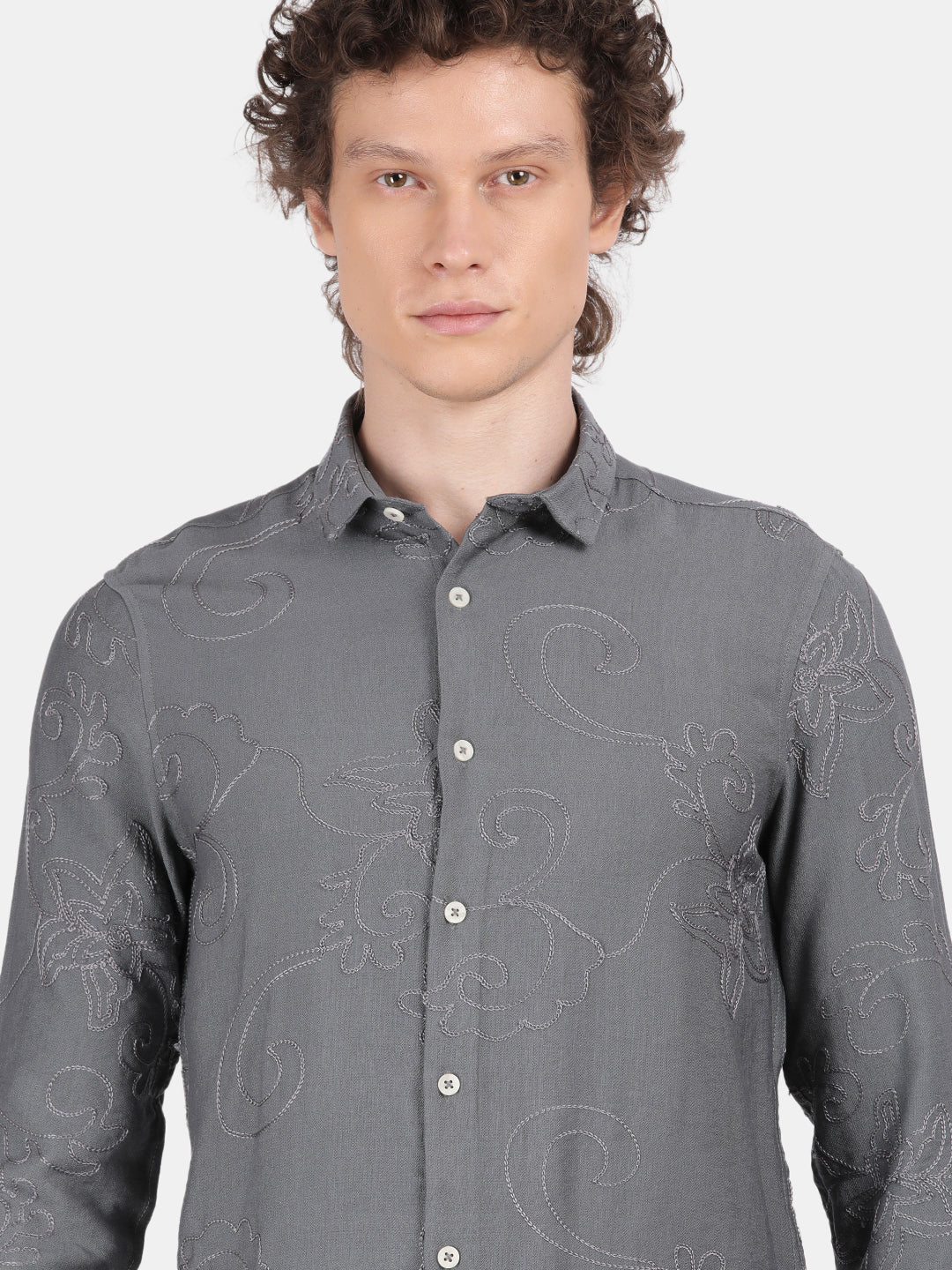 Men Grey Slim Fit Spread Collar Full Sleeve Casual Shirt - Image 6