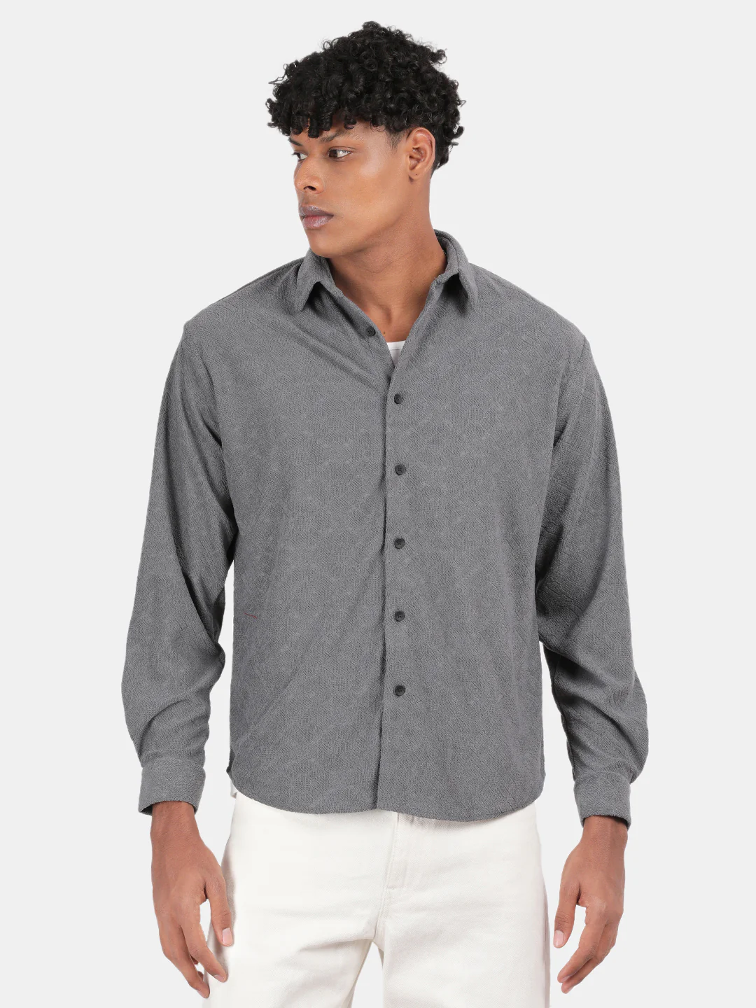 Men Grey Slim Fit Spread Collar Full Sleeve Casual Shirt - Image 2