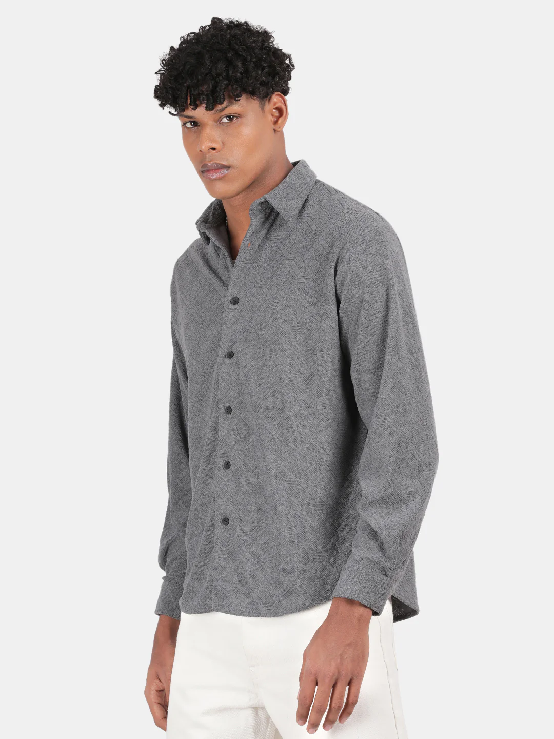 Men Grey Slim Fit Spread Collar Full Sleeve Casual Shirt - Image 5