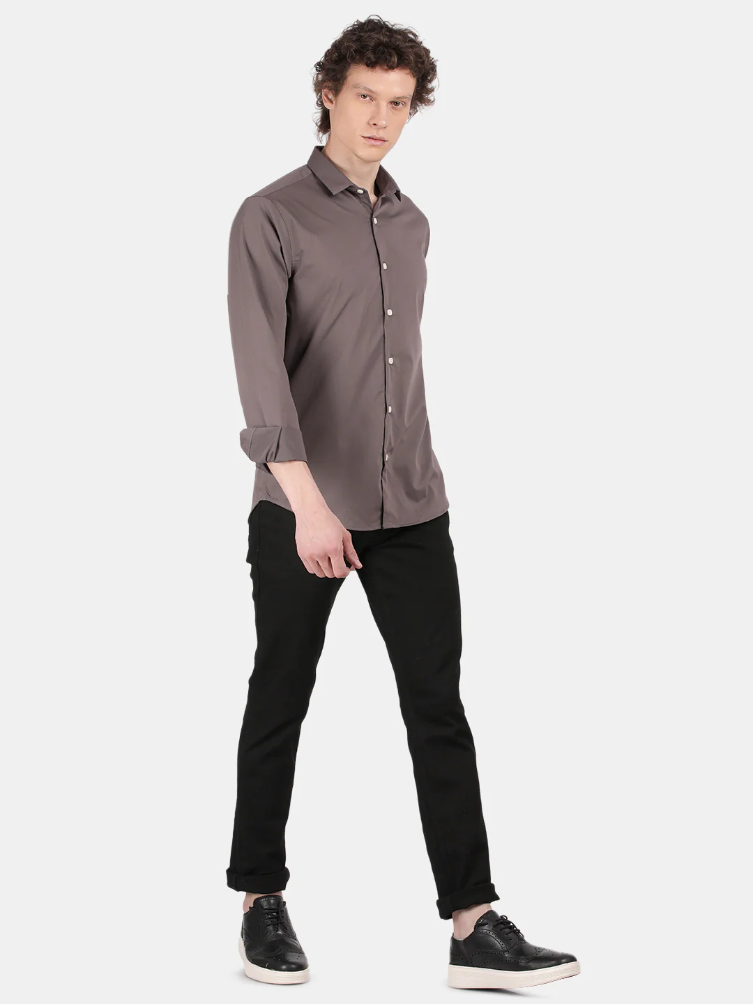 Men Grey Slim Fit Spread Collar Full Sleeve Casual Shirt - Image 5