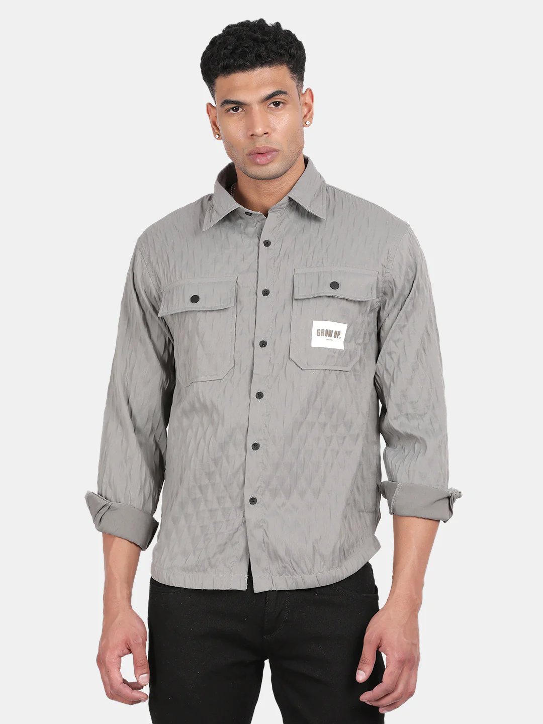 Men Grey Slim Fit Spread Collar Full Sleeve Casual Shirt - Image 2