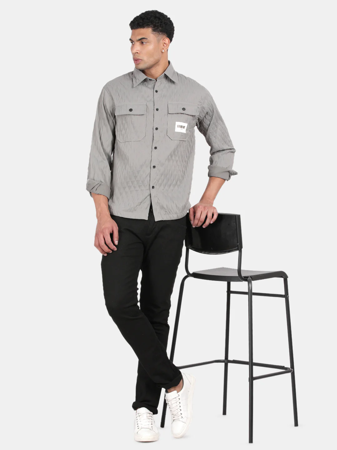 Men Grey Slim Fit Spread Collar Full Sleeve Casual Shirt - Image 3