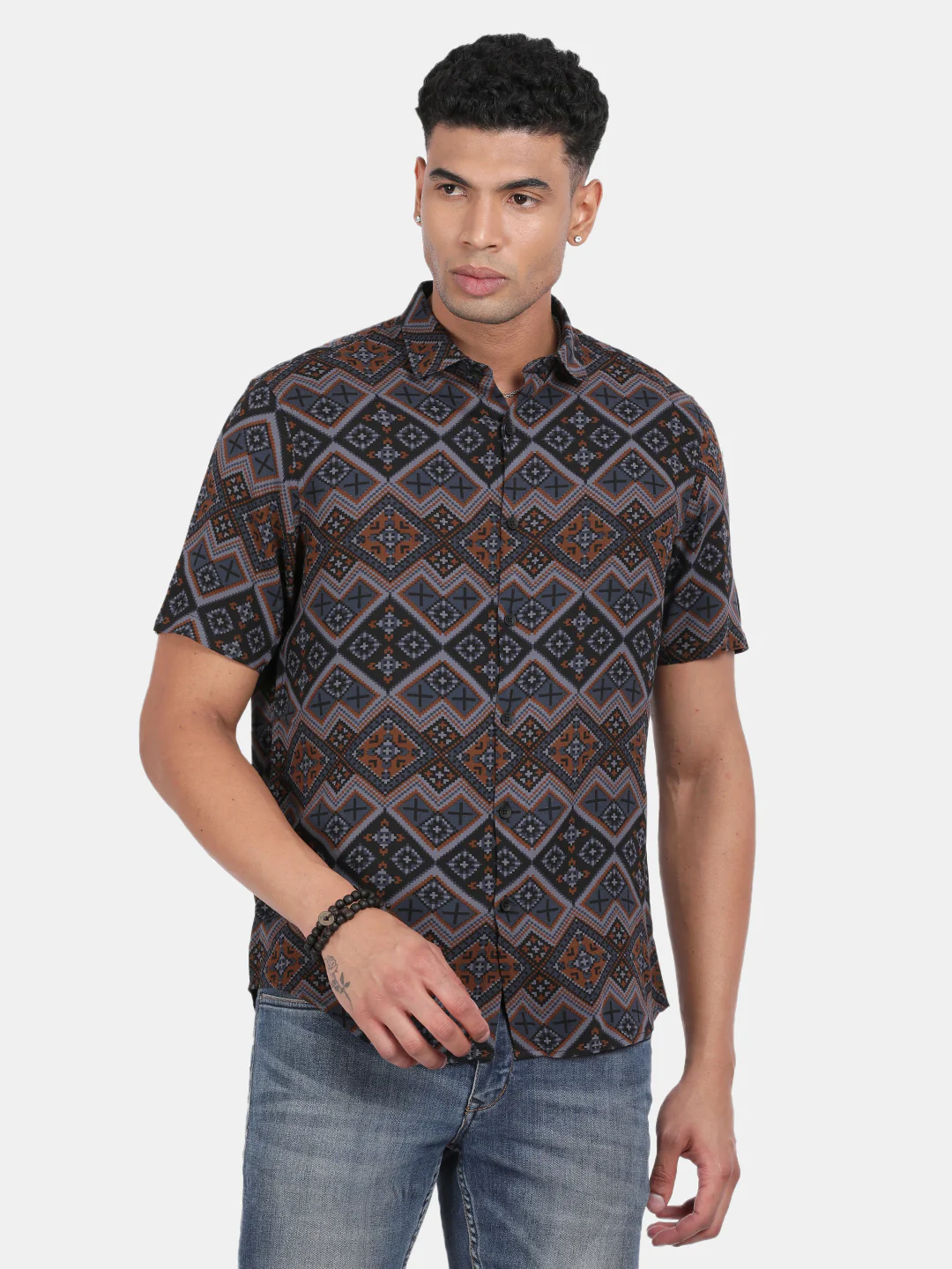 Men Grey Slim Fit Spread Collar Half Sleeve Casual Shirt - Image 2