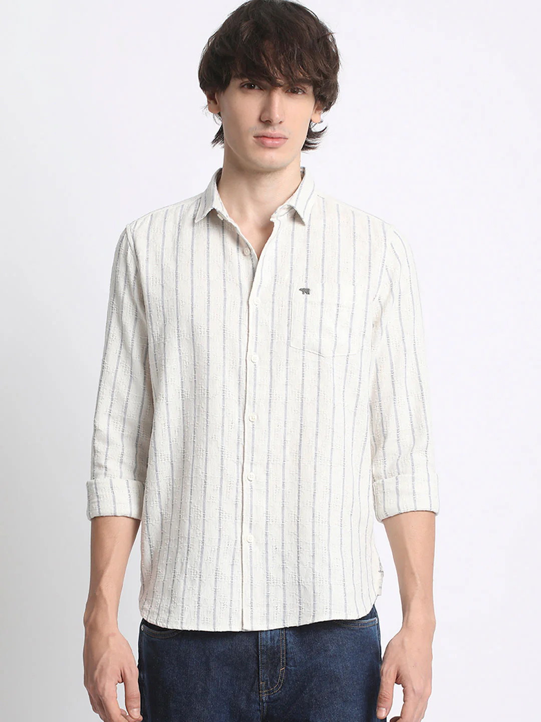 Men  Grey Slim Fit Vertical Stripe Casual Shirt - Image 2