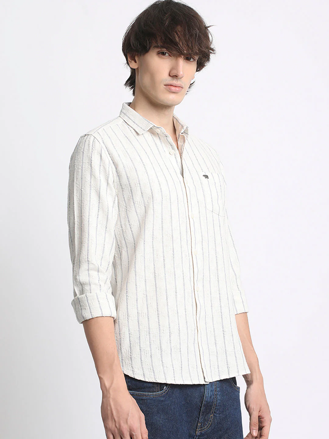 Men  Grey Slim Fit Vertical Stripe Casual Shirt - Image 3