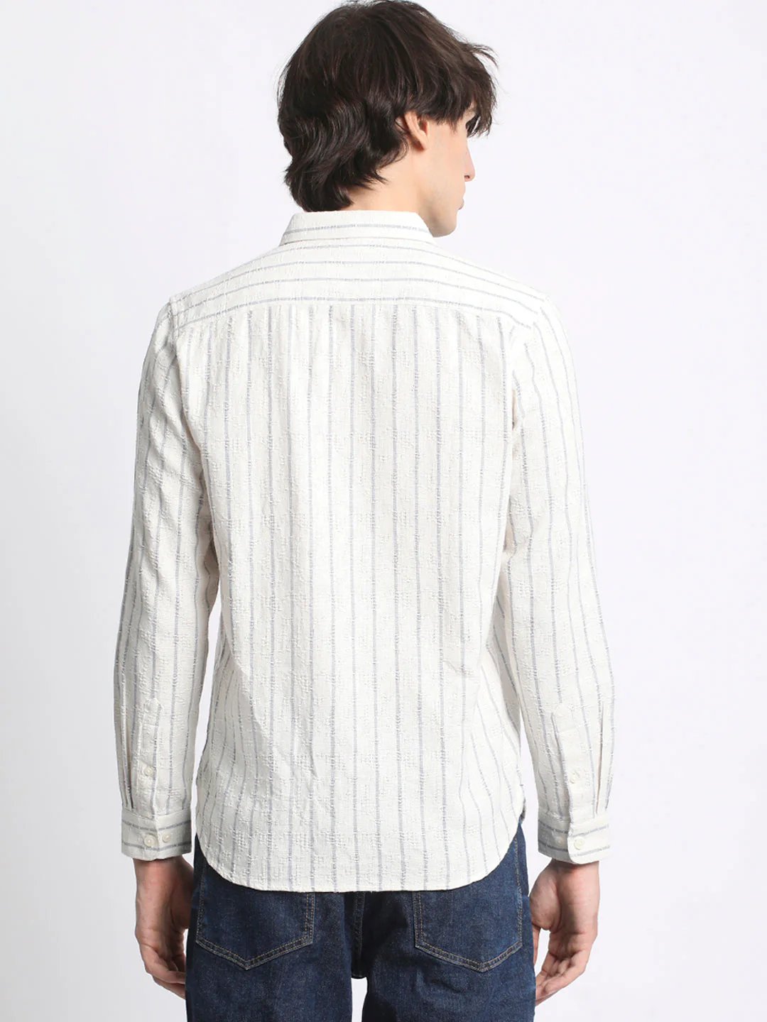 Men  Grey Slim Fit Vertical Stripe Casual Shirt - Image 4