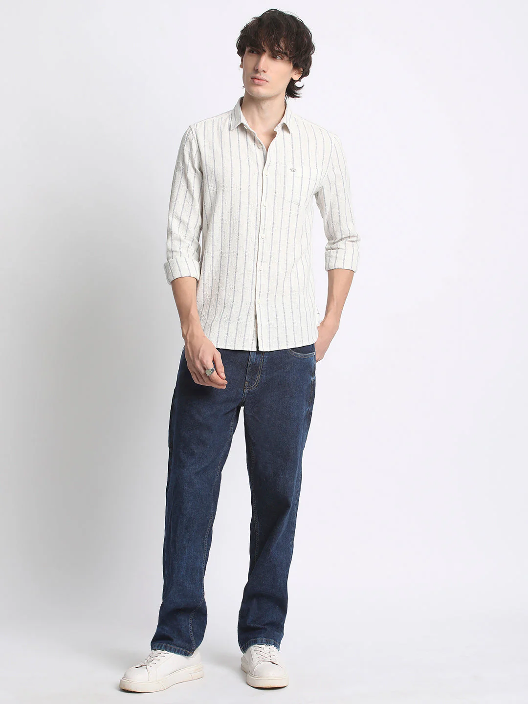 Men  Grey Slim Fit Vertical Stripe Casual Shirt - Image 5