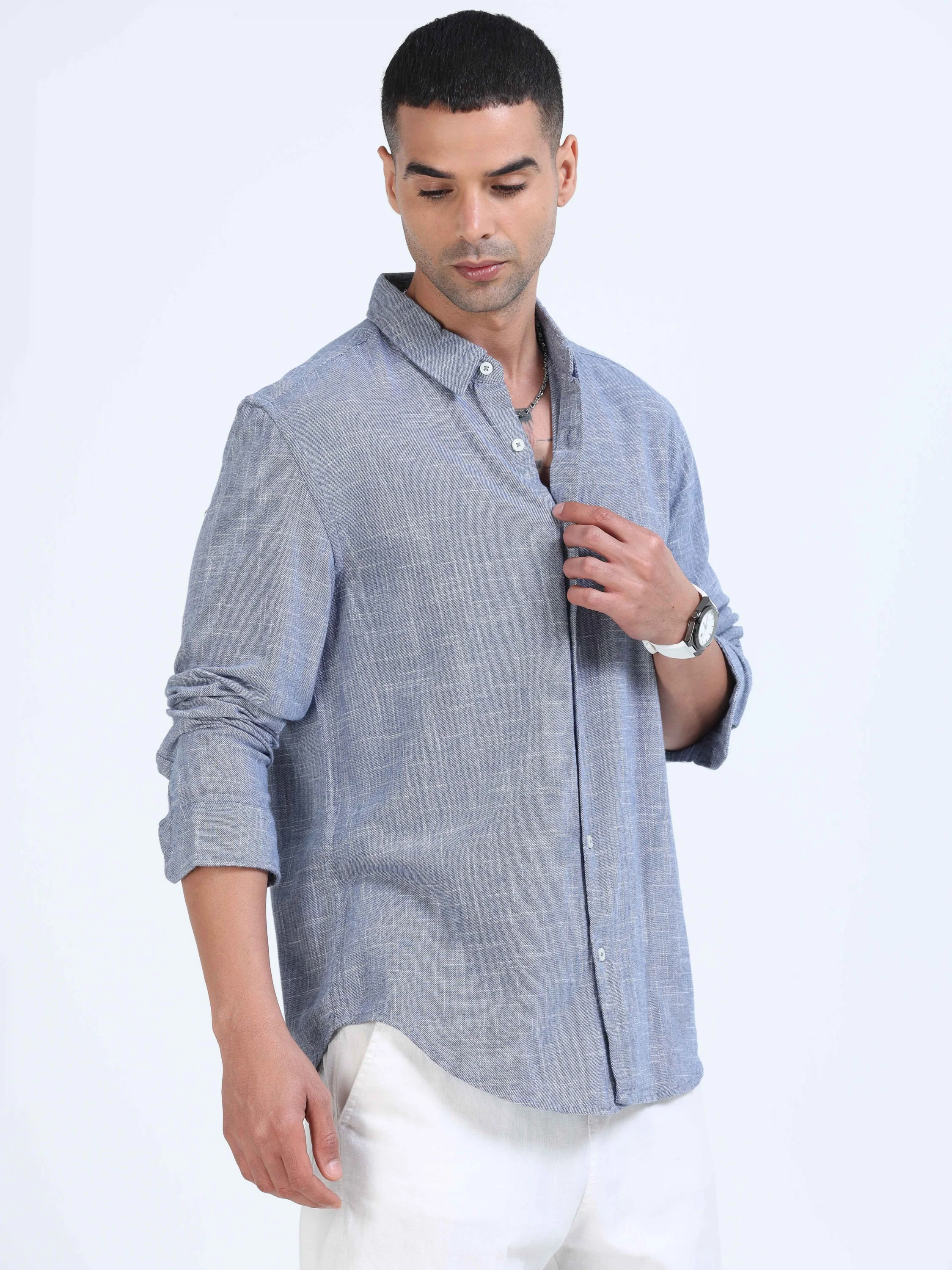 Men Blue Slub Textured Shirt - Image 2