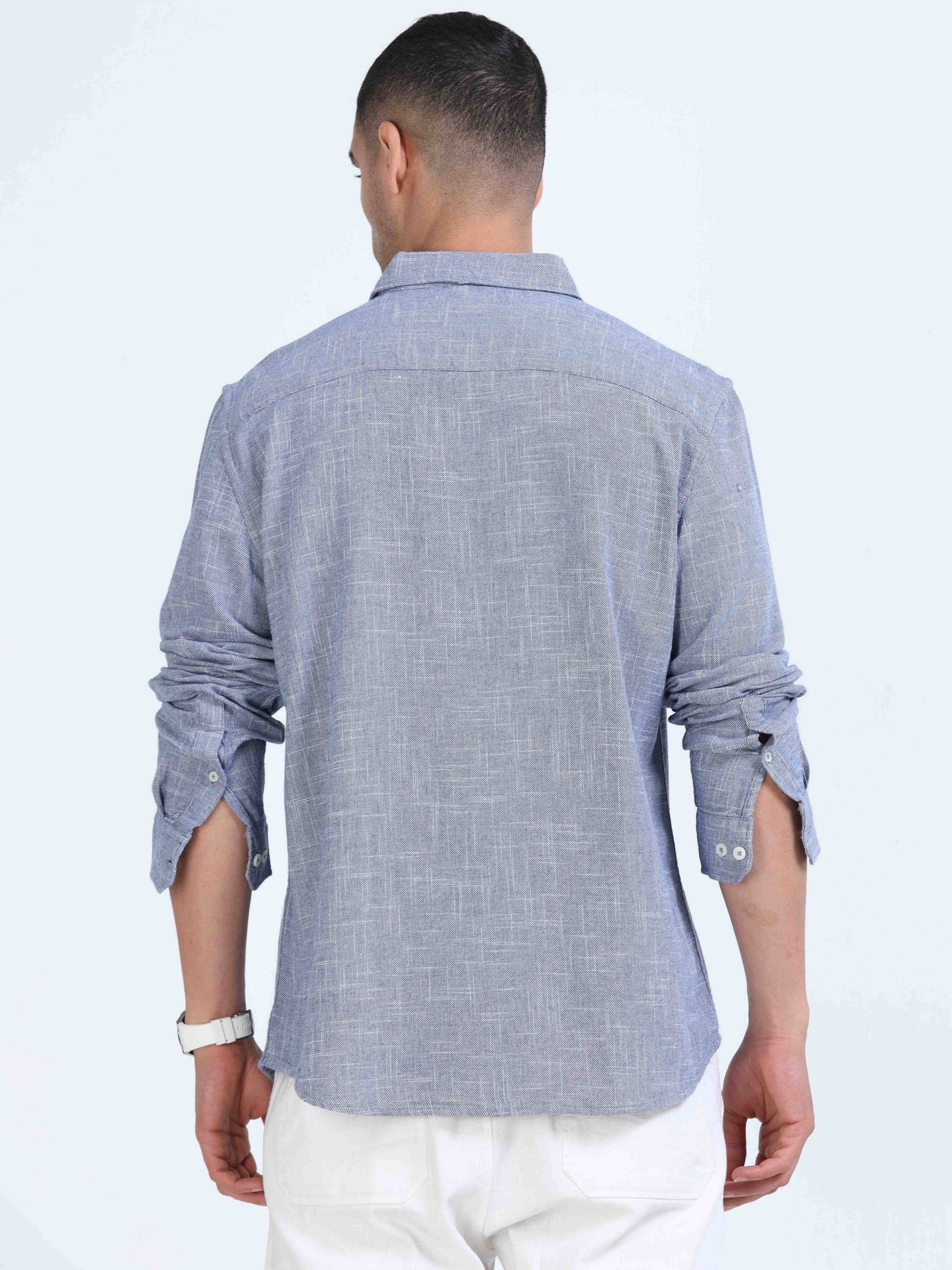 Men Blue Slub Textured Shirt - Image 3