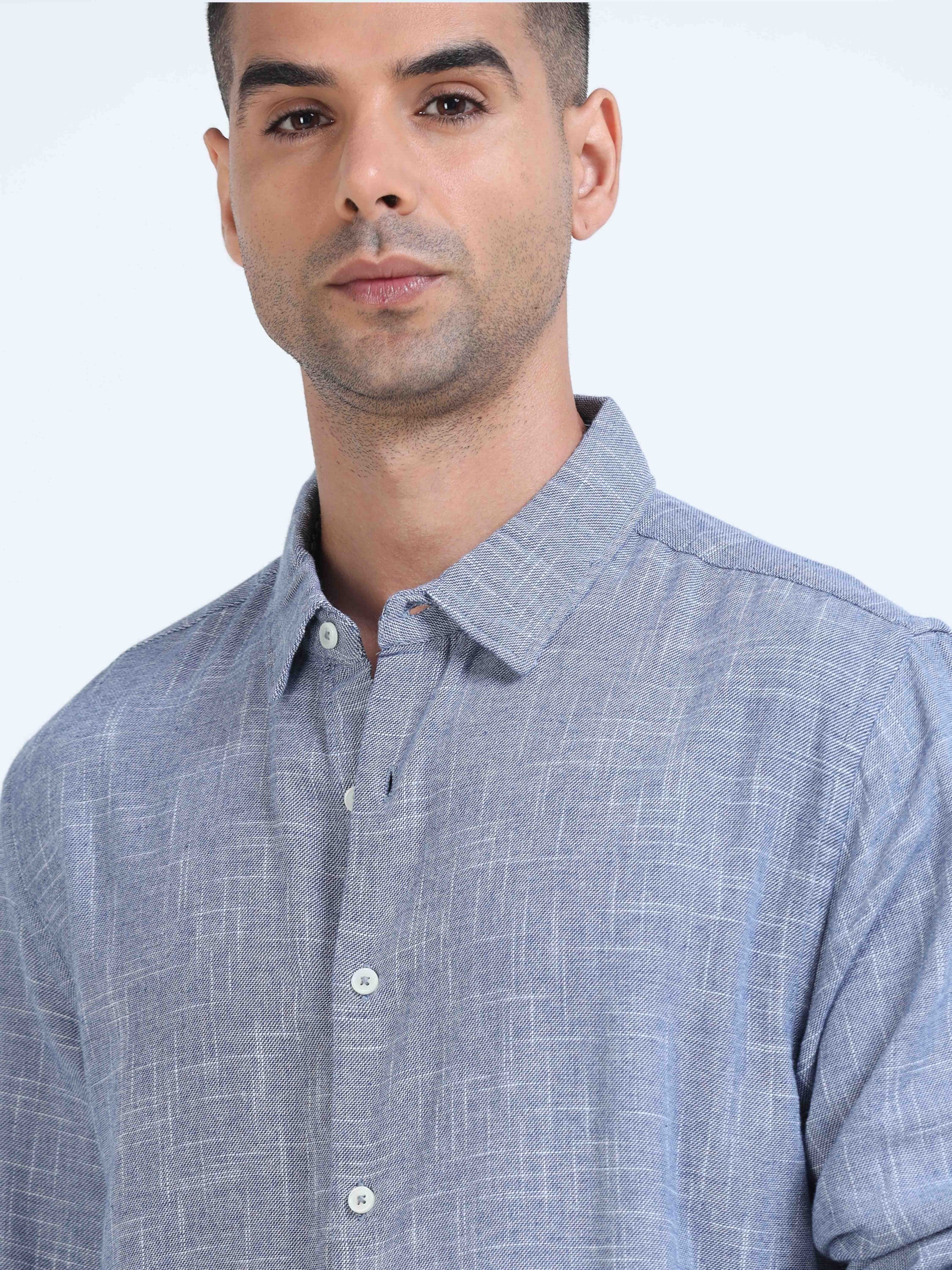 Men Blue Slub Textured Shirt - Image 4