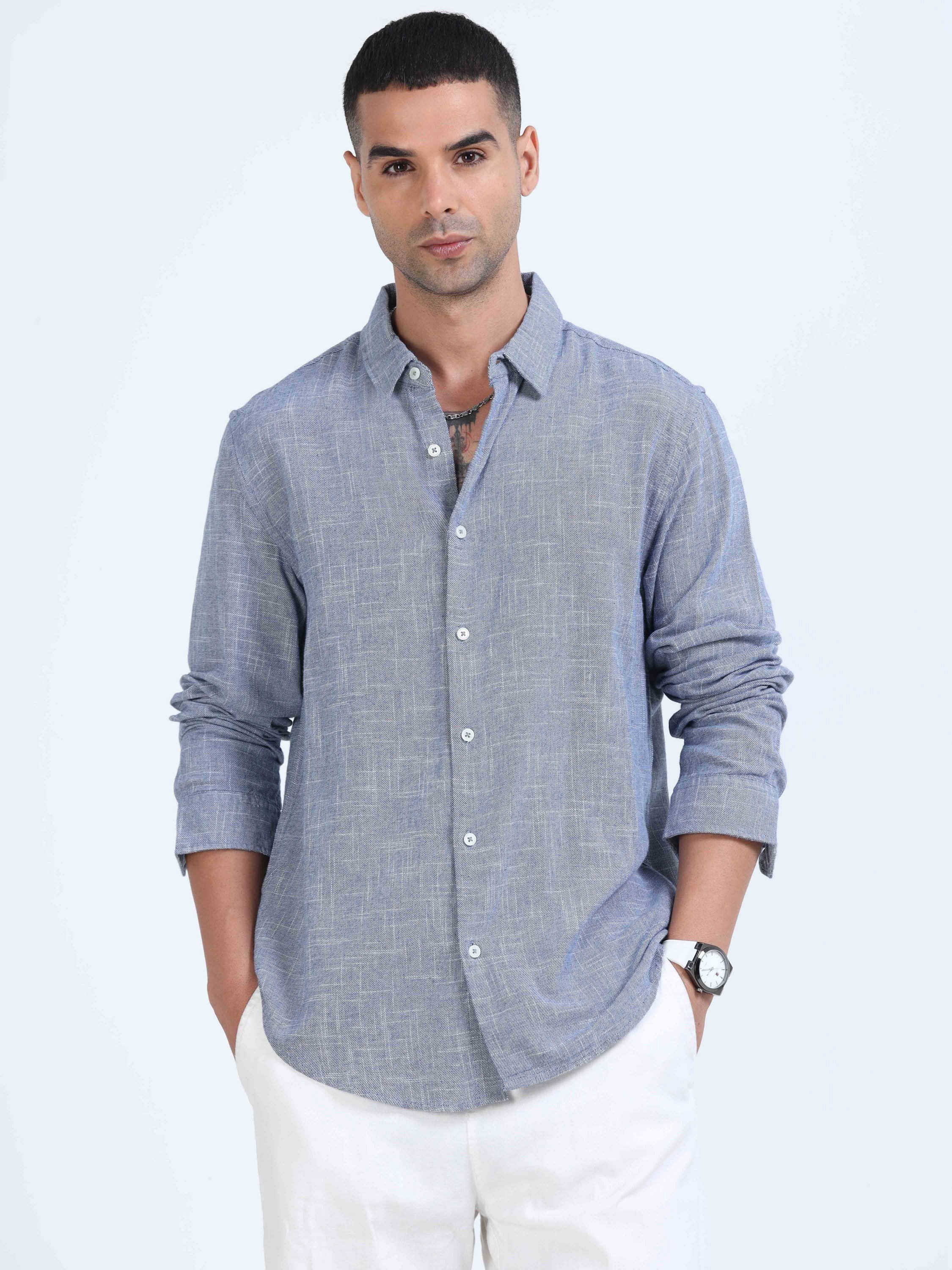 Men Blue Slub Textured Shirt - Image 5