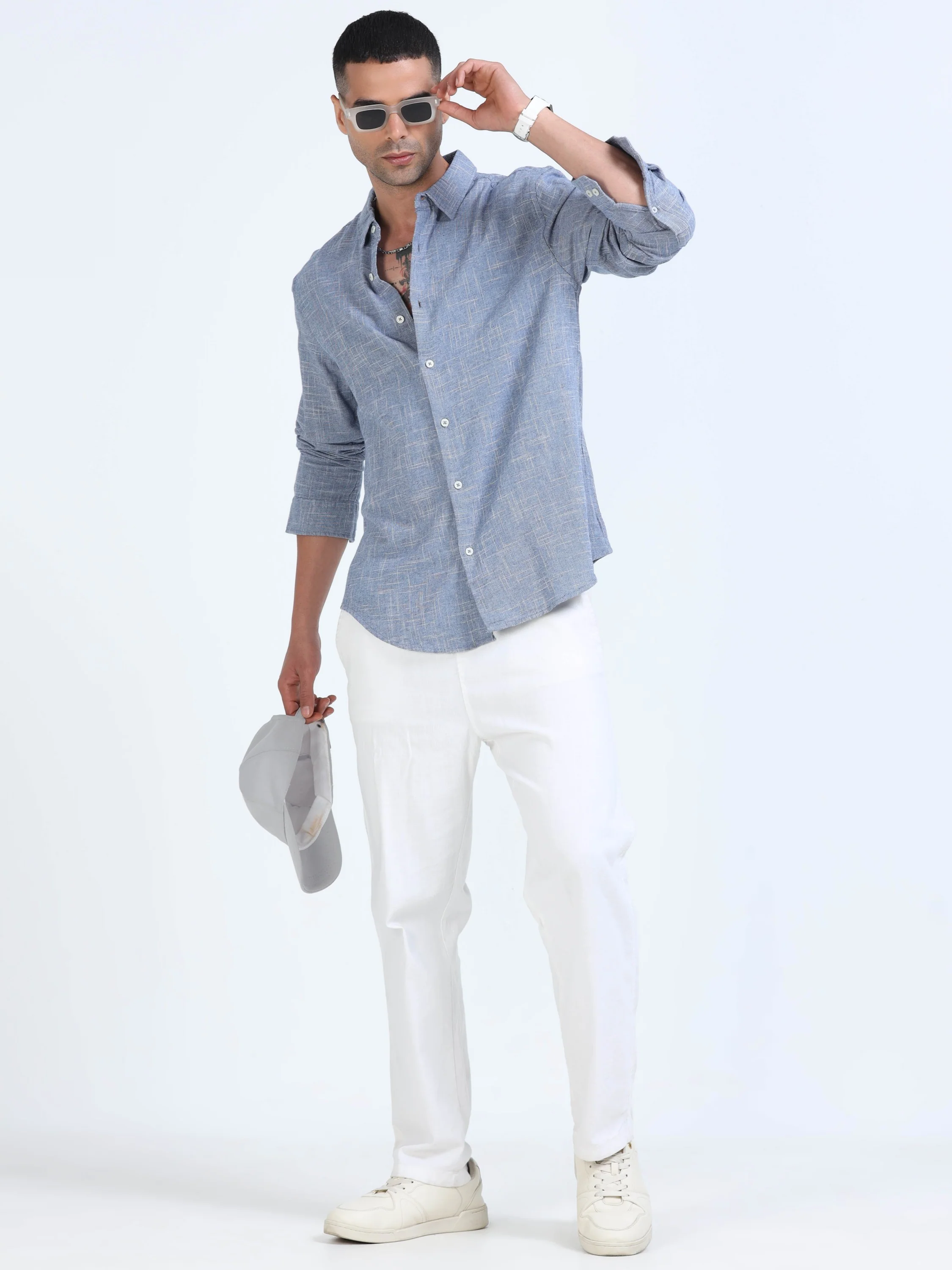 Men Blue Slub Textured Shirt - Image 6