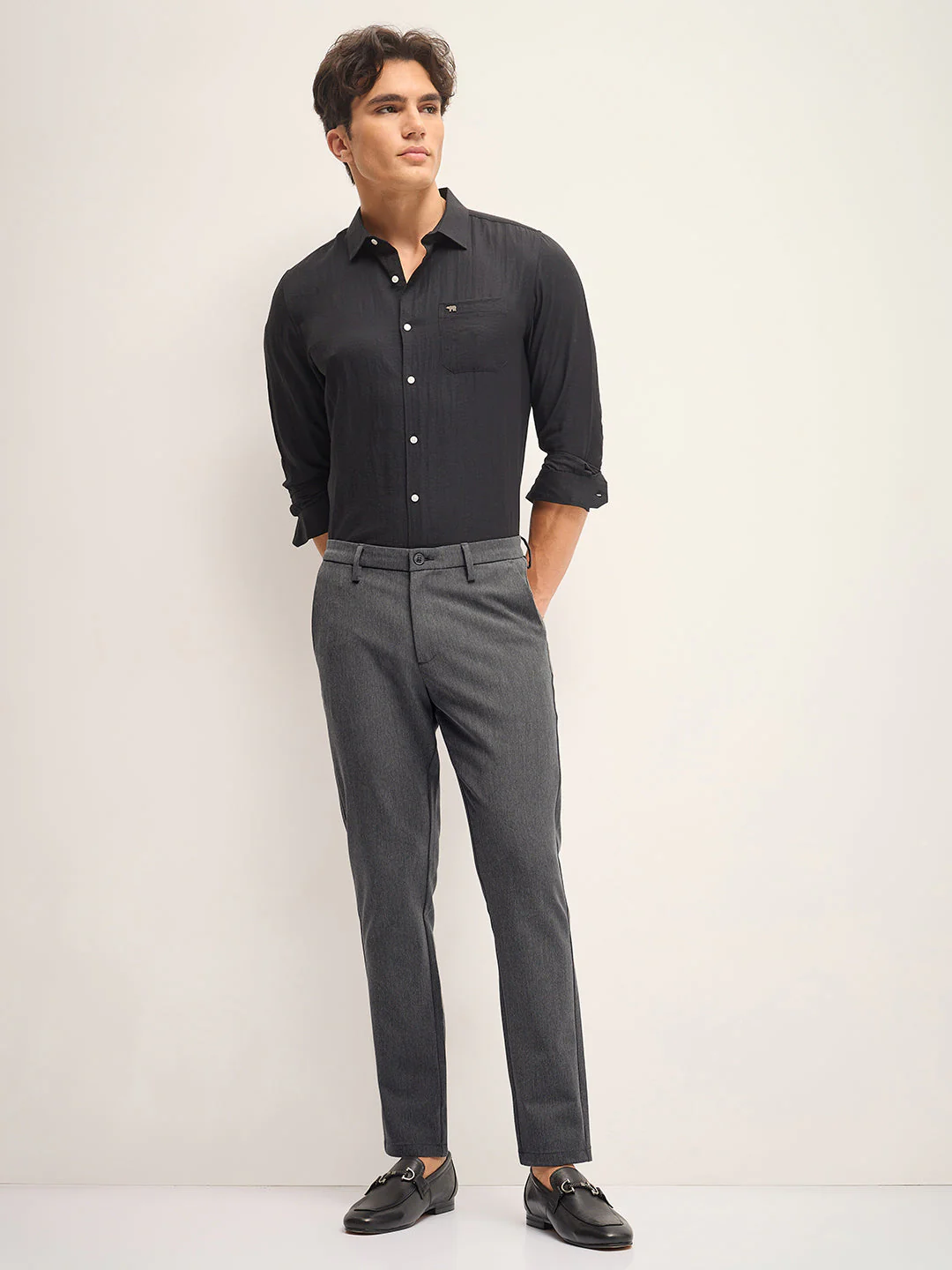 Men Grey Solid 4 Way Stretch Formal Trouser - Image 4
