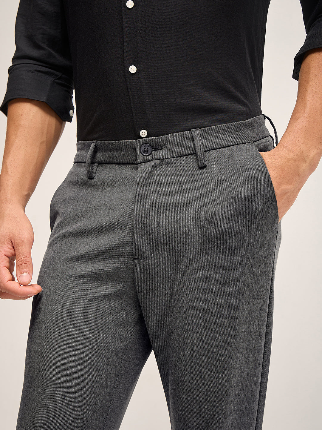 Men Grey Solid 4 Way Stretch Formal Trouser - Image 7