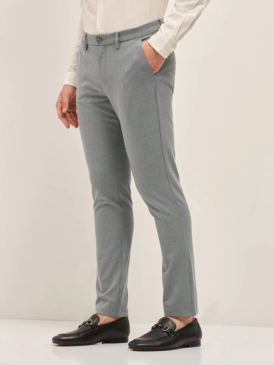 Men Grey Solid 4 Way Stretch Formal Trouser - Image 3