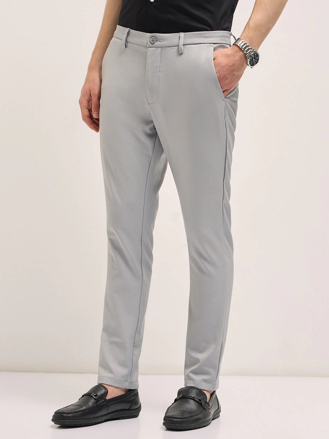 Men Grey Solid 4 Way Stretch Formal Trouser - Image 3