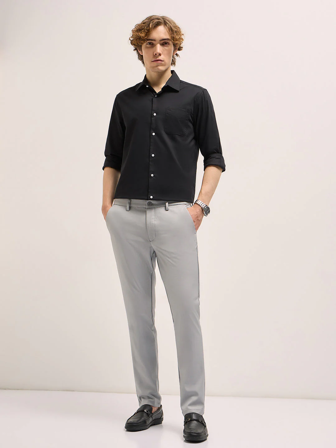 Men Grey Solid 4 Way Stretch Formal Trouser - Image 4