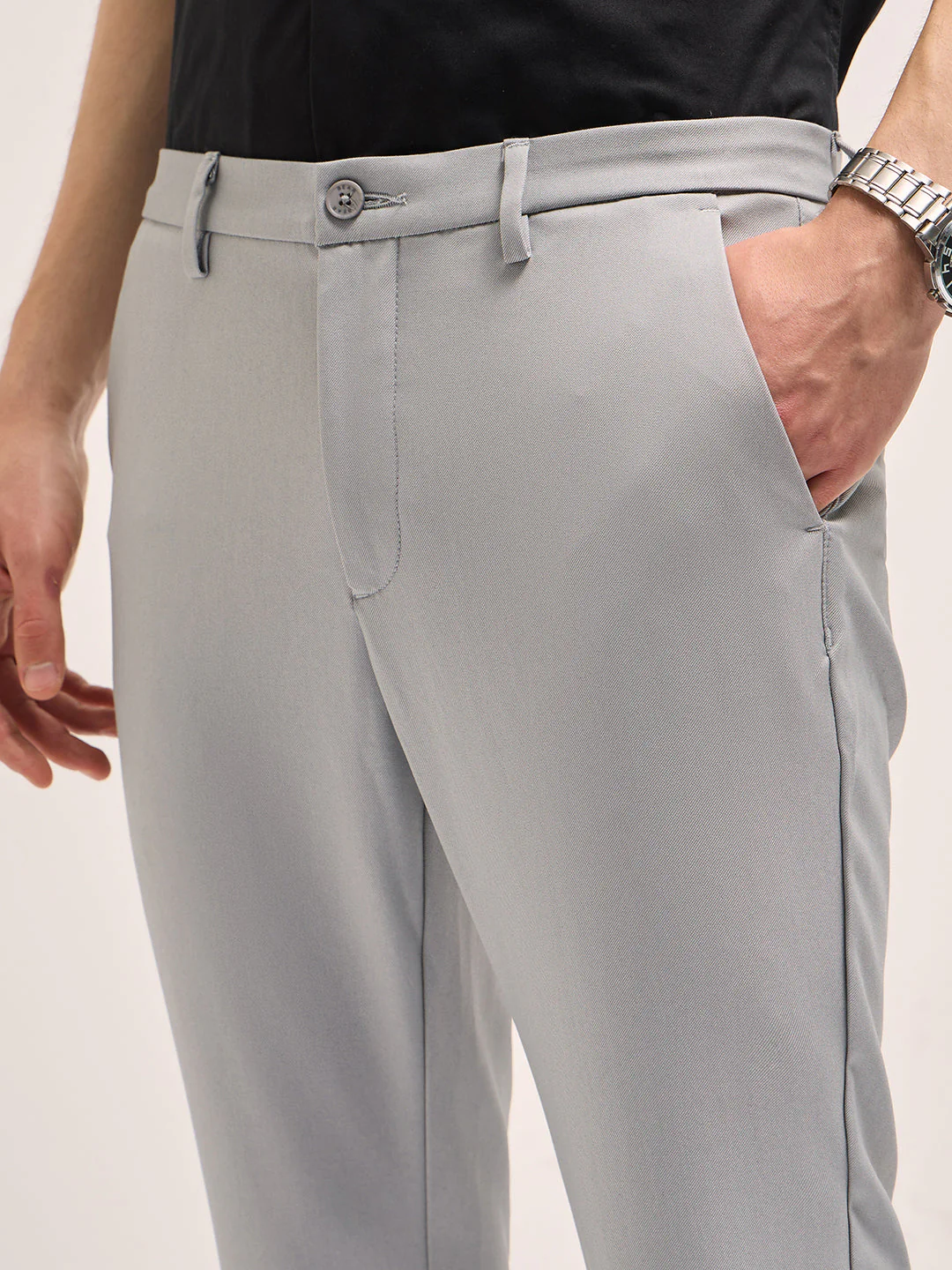 Men Grey Solid 4 Way Stretch Formal Trouser - Image 5