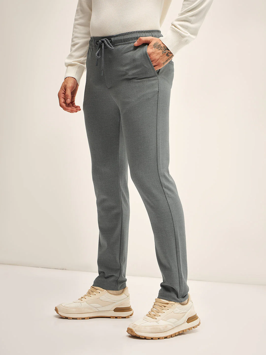 Men Grey Solid 4 Way Stretch Formal Trouser - Image 3