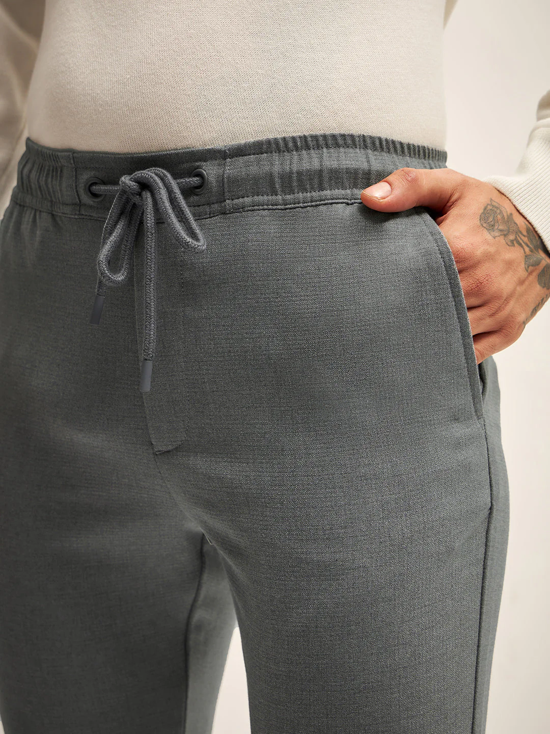 Men Grey Solid 4 Way Stretch Formal Trouser - Image 6