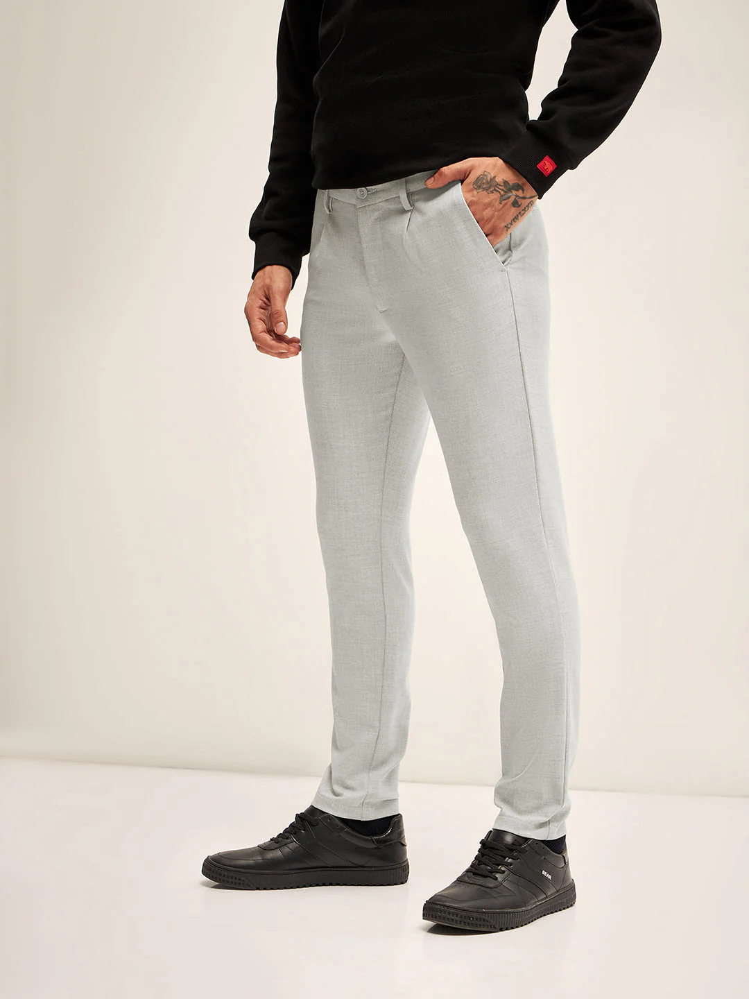 Men Grey Solid 4 Way Stretch Formal Trouser - Image 3